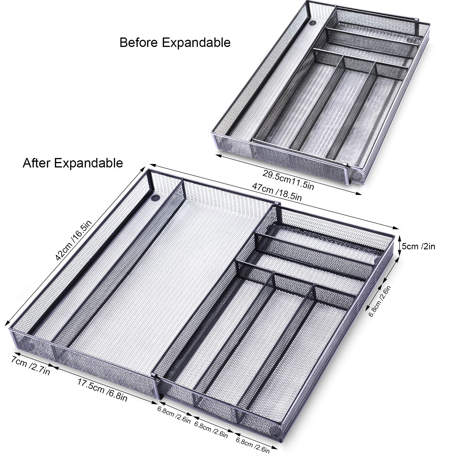 WuGeShop Expandable Mesh Desk Organizer with 7 Compartments - Metal Office Supplies Storage Tray for Desk Drawer, Black | Perfect for Home Office, Workspace & School Organization