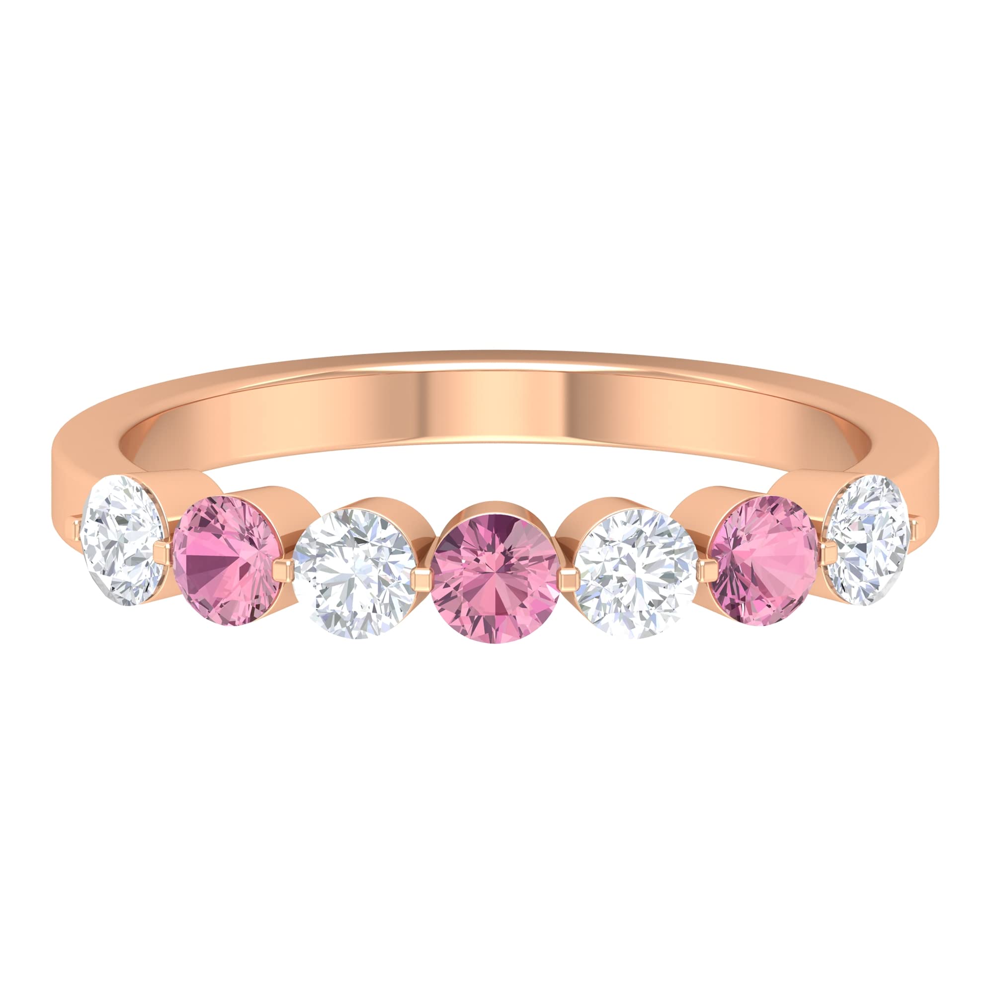 3/4 CT Pink Tourmaline & Moissanite Ring - 14K Solid Gold Floating Half Eternity Band for Women | Elegant Gift for Anniversary, Valentine's Day & Special Occasions