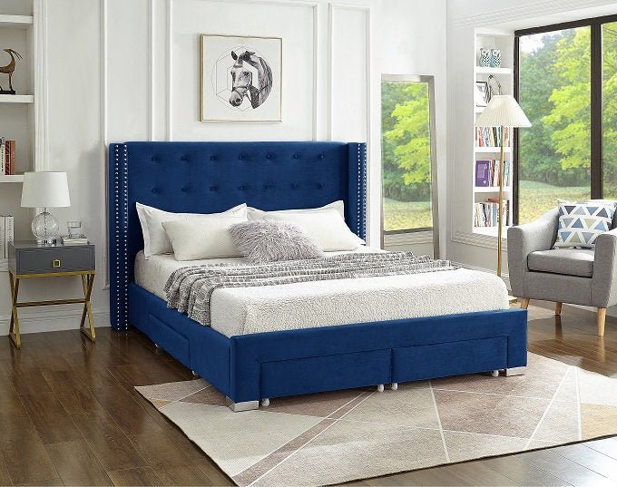 Blue Velvet Winged Storage Bed with Deep Tufting & Nailhead Trim - Luxurious Upholstered Platform Bed Frame for Master Bedroom, Guest Room & Small Space