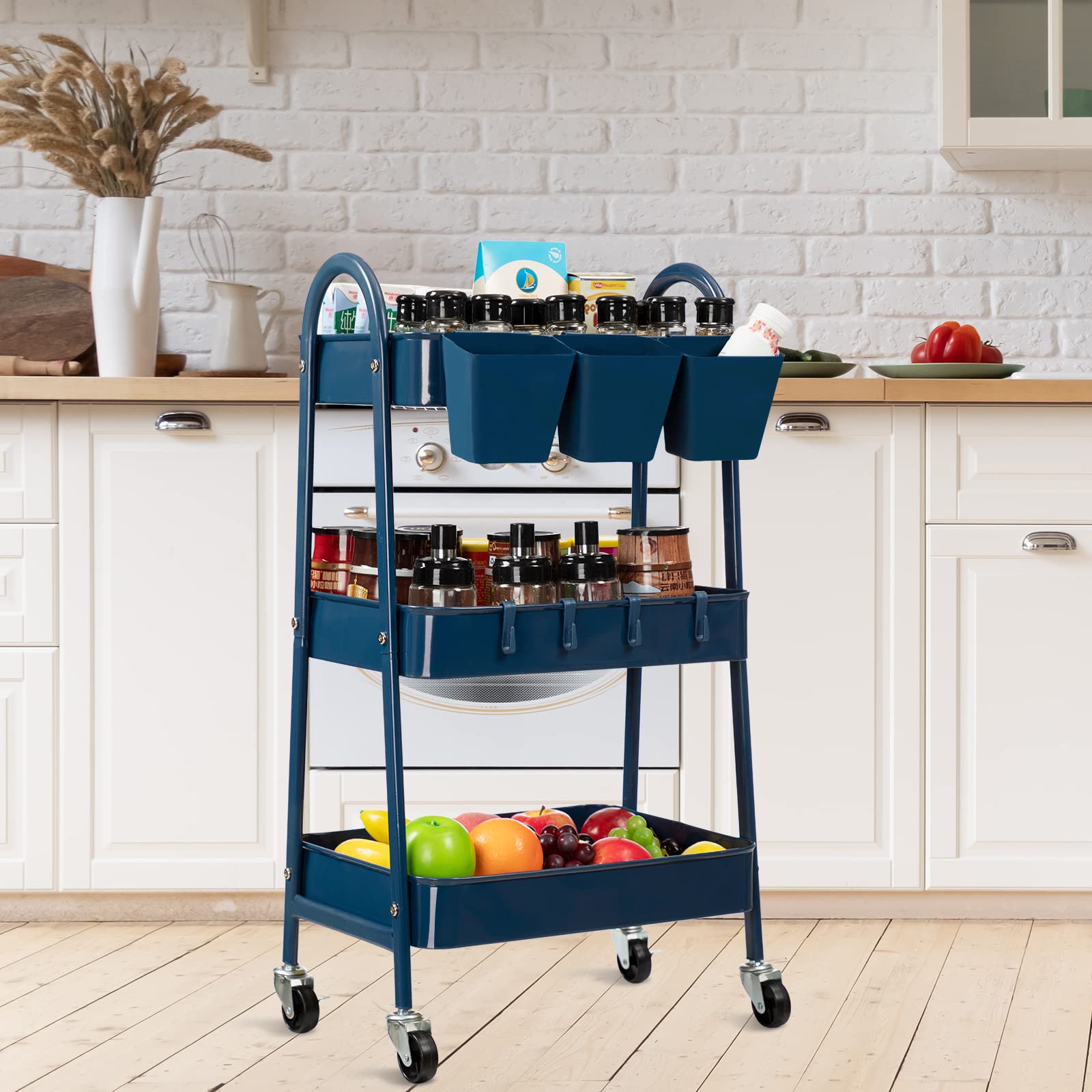 3-Tier Rolling Cart with Lockable Wheels & Hanging Accessories - Metal Storage Cart for Kitchen, Bathroom, Office & Workshop - Mobile Utility Cart for Organizing Supplies, Beauty Products & Tools - Dark Blue Trolley for Home & Commercial Use