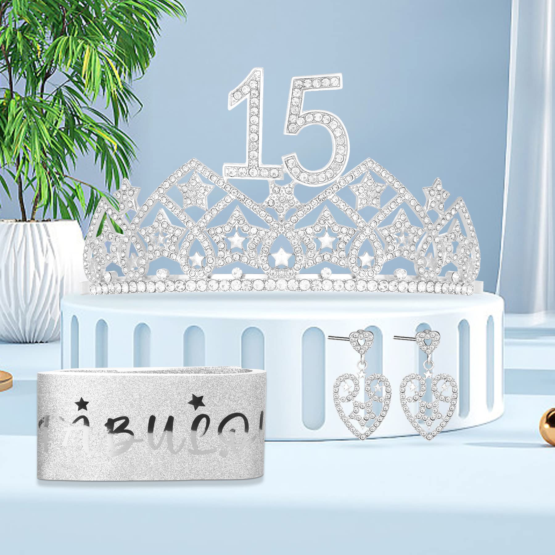 Happy 15th Birthday Decorations for Girls - 15 Year Old Birthday Party Supplies Set with Tiara & Sash | Perfect for Quinceañera, Sweet 16 Party & Teen Girl Celebration Decor