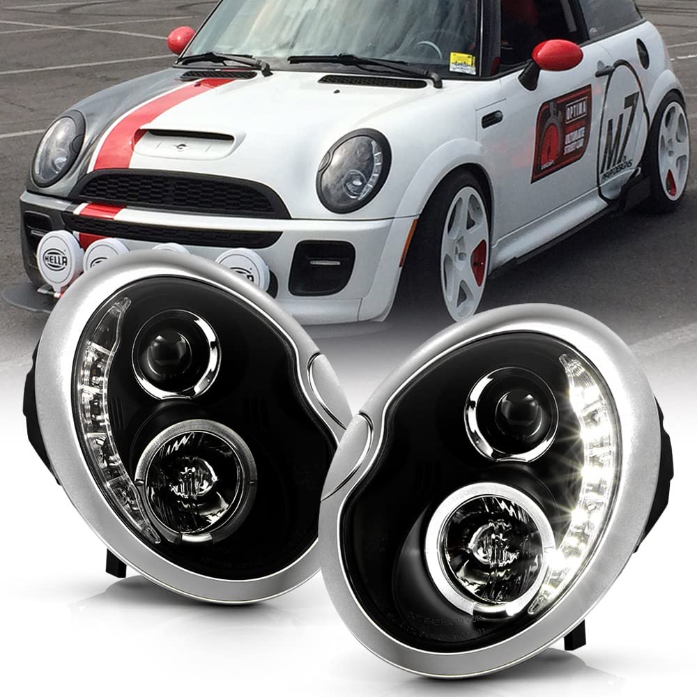 ACANII LED Projector Headlights for 2002-2006 Mini Cooper - Black DRL Headlamps Pair (Driver & Passenger Side) | Upgrade Your Car Lighting for Night Driving & Enhanced Style