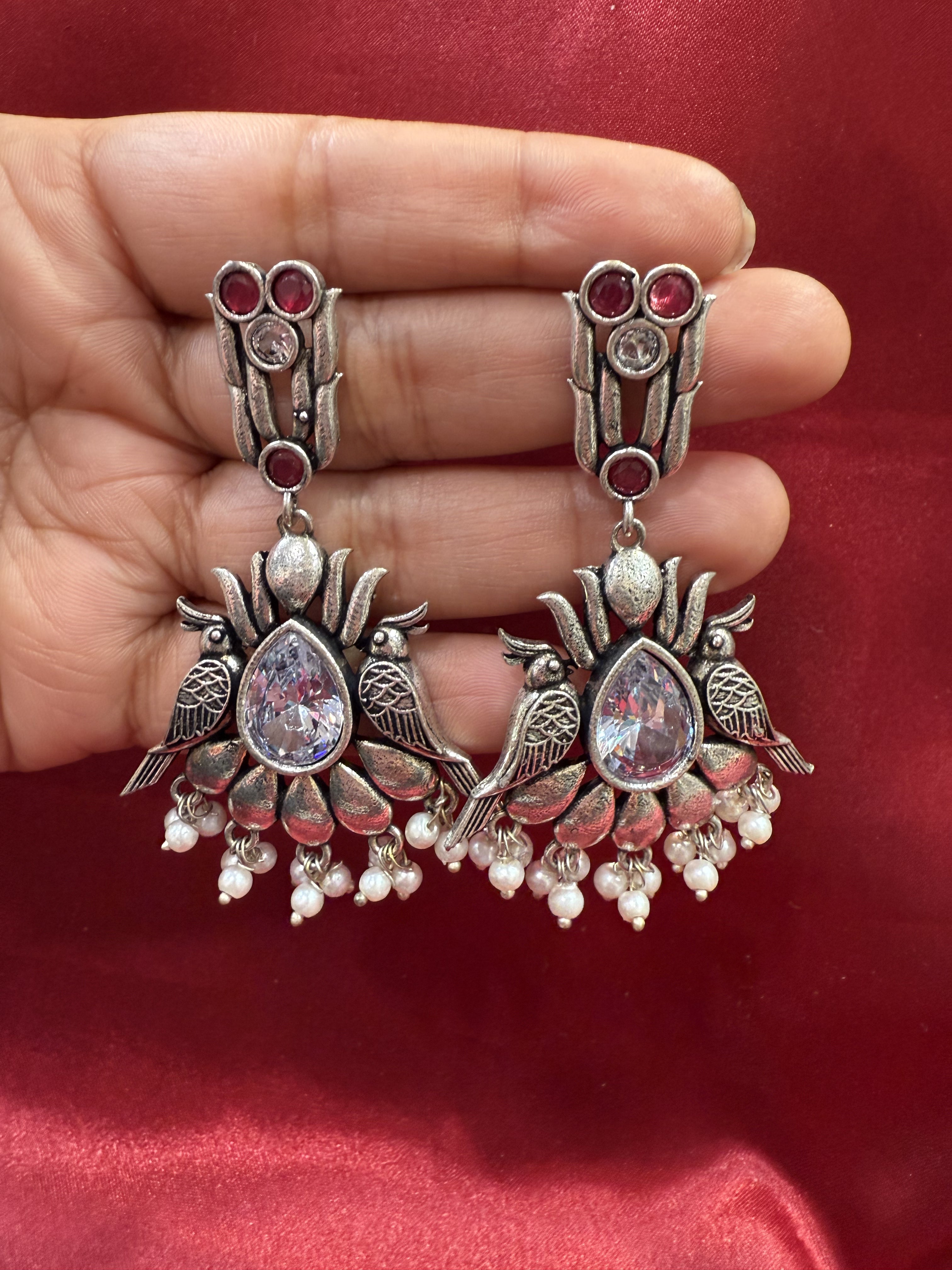 Elegant Silver & Magenta Stone Bird Design Oxidized Beaded Earrings for Women - Perfect for Parties, Weddings & Special Occasions