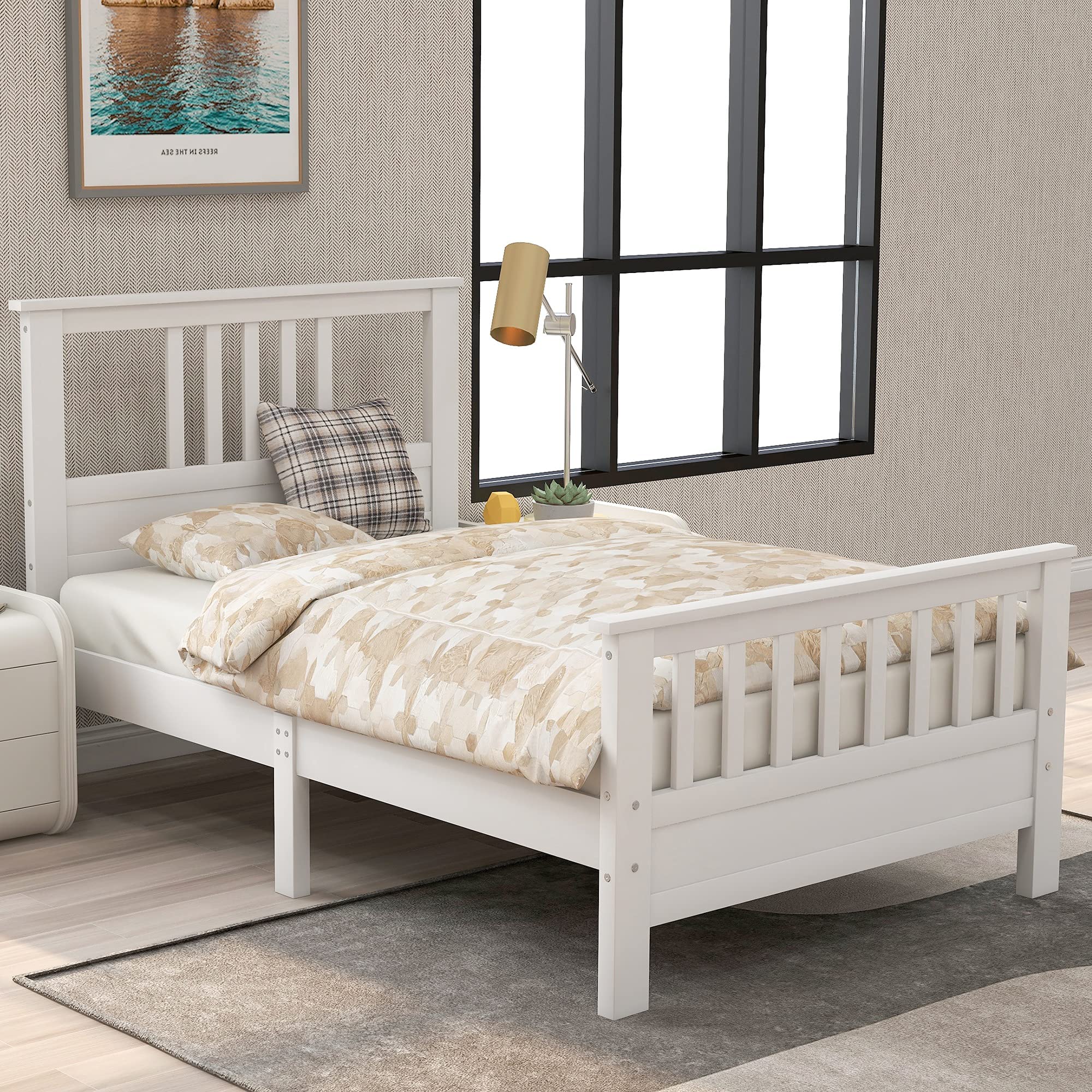 **Merax Solid Wood White Twin Platform Bed Frame for Kids - Sturdy Headboard & Footboard with Wood Slat Support - No Box Spring Needed - Easy Assembly - Perfect for Bedrooms, Dorms & Guest Rooms**