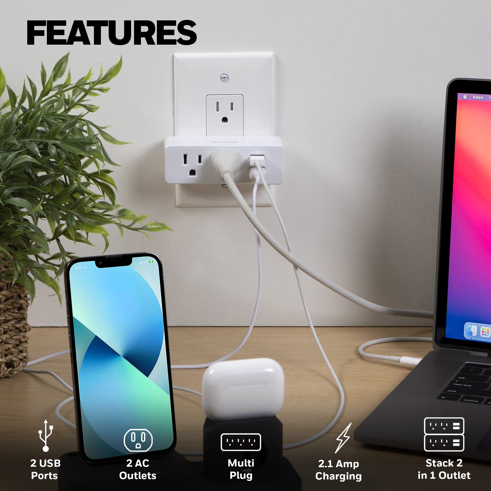 Honeywell Ultra Slim USB Wall Plate with 2 AC Outlets & 2 USB-A Ports (2.1A Fast Charging) - Space-Saving Design for Home, Office & Travel - Perfect for Charging Phones, Tablets & Small Electronics