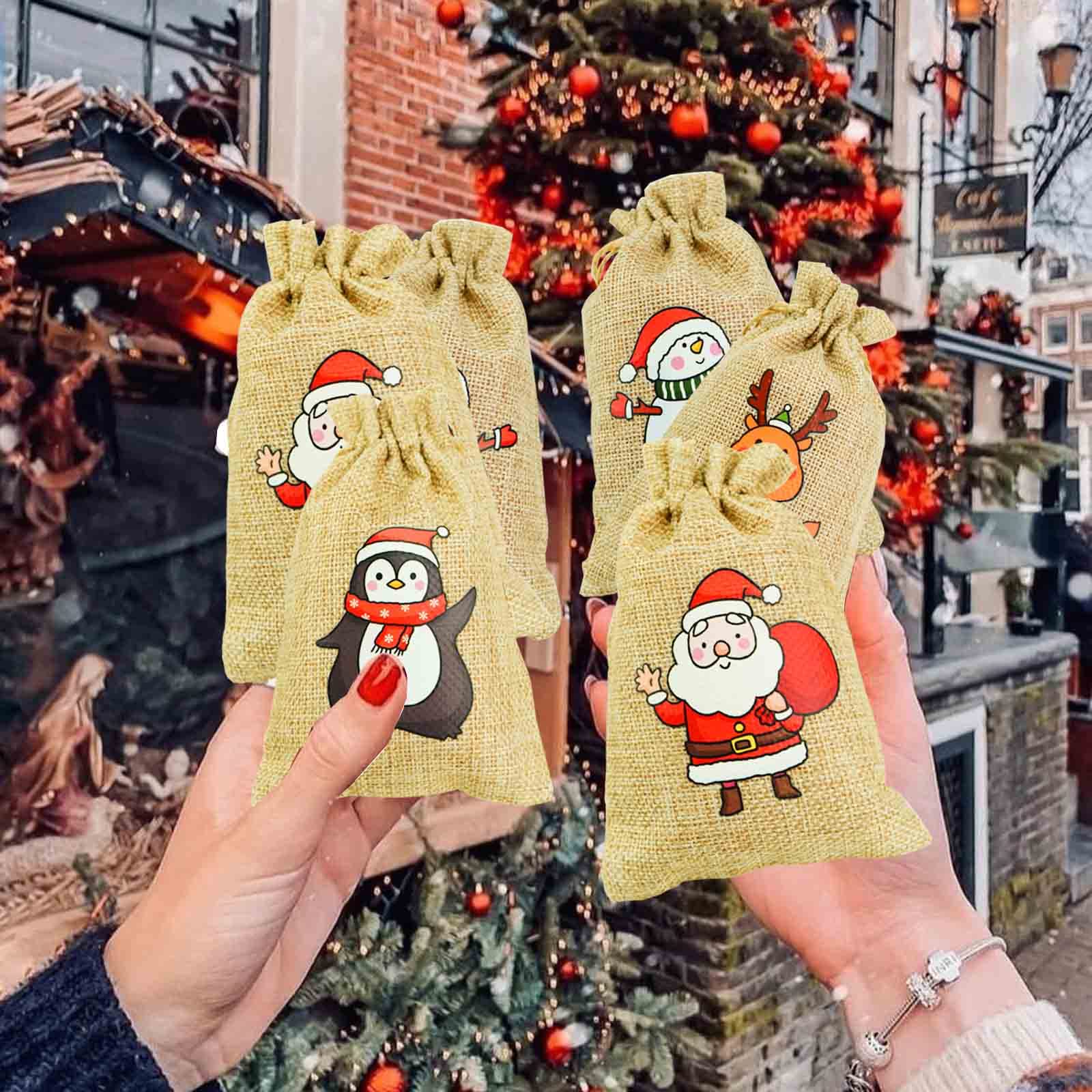 HappyLain 10PCS Christmas Linen Drawstring Bags - Mixed Holiday Gift Bags with Jute Strings (Snowman, Santa, Penguin & Elk Designs) - Perfect for Party Favors, Holiday Treats & Festive Gift Wrapping