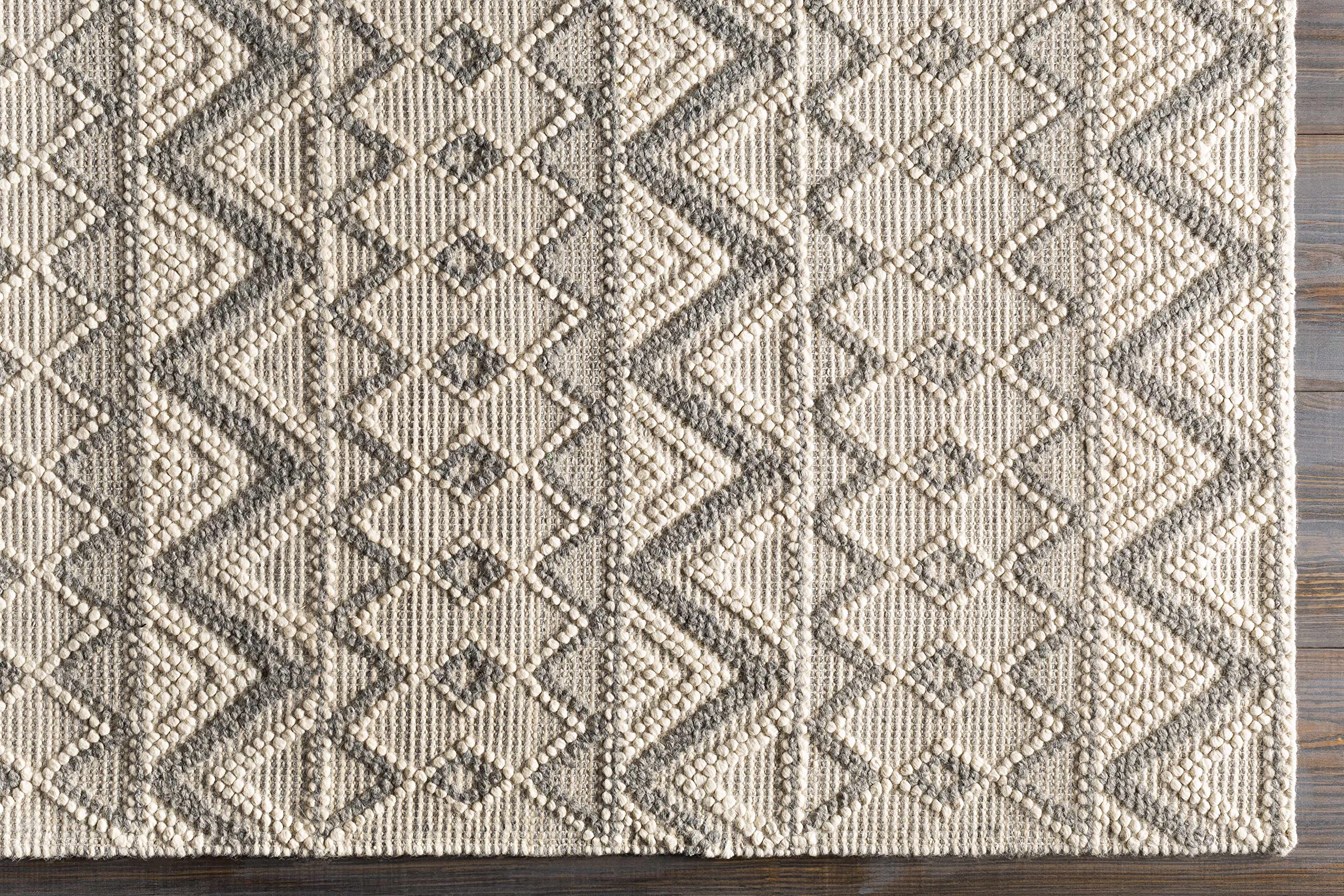 Hauteloom Antigo Boho Handwoven Wool High Low Textured Area Rug - Farmhouse Moroccan Trellis Carpet for Living Room Bedroom - Handmade Zig Zag Bubble Weave - Beige Gray Cream - 5' x 7'6