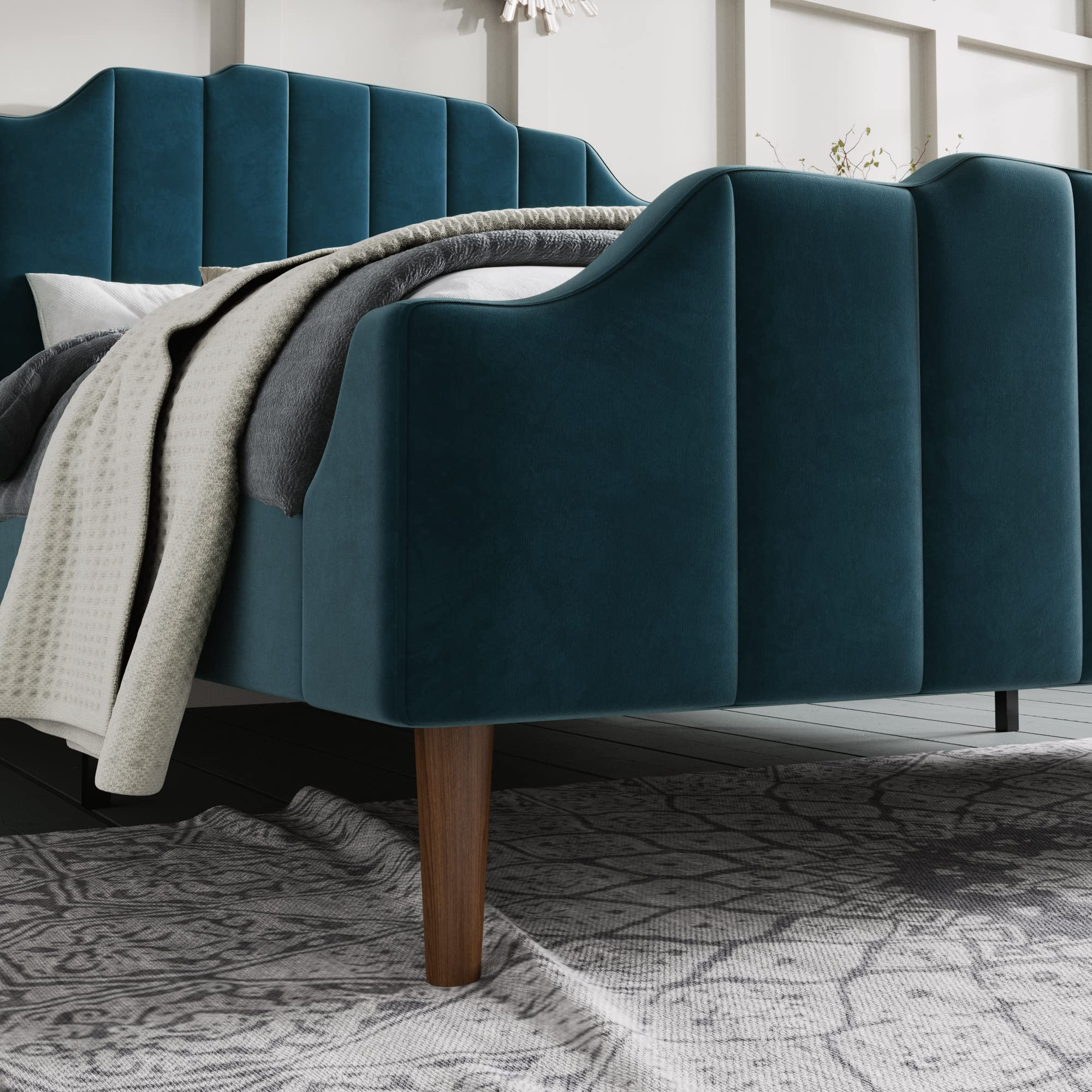 Luxury SHA CERLIN Upholstered Queen Bed Frame with Modern Curved Velvet Wingback Headboard - Heavy Duty Wood Platform Bed with Reinforced Slat Support - No Box Spring Required - Elegant Blue Velvet - Perfect for Master Bedrooms & Guest Rooms