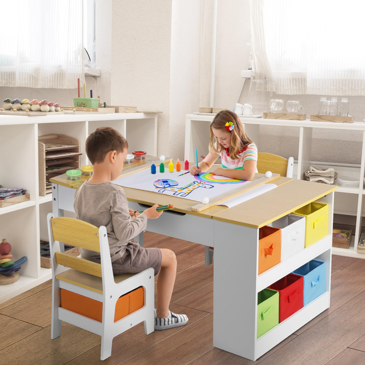Kinder King 3-in-1 Kids Art Table & Easel Chair Set - Wooden Children's Activity Table with 6 Storage Bins, Paper Roll & Paint Cups - Perfect for Playroom, Homeschooling & Creative Learning (Natural Wood)