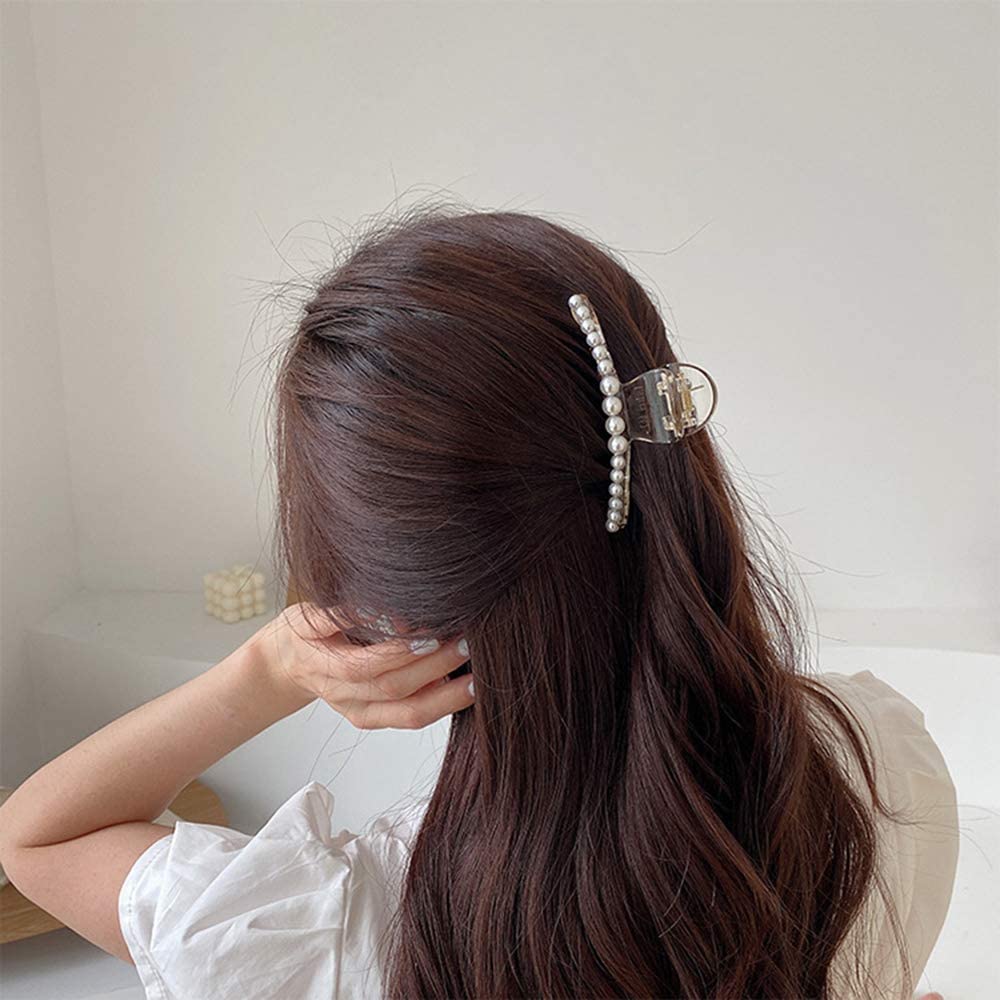 Korean Style Large Hair Claw Clip - RedChimes Thick Hair Clutch for Women & Girls (Black White Pearl, 2 Pack) - Perfect for Updos, Ponytails & Everyday Hairstyles