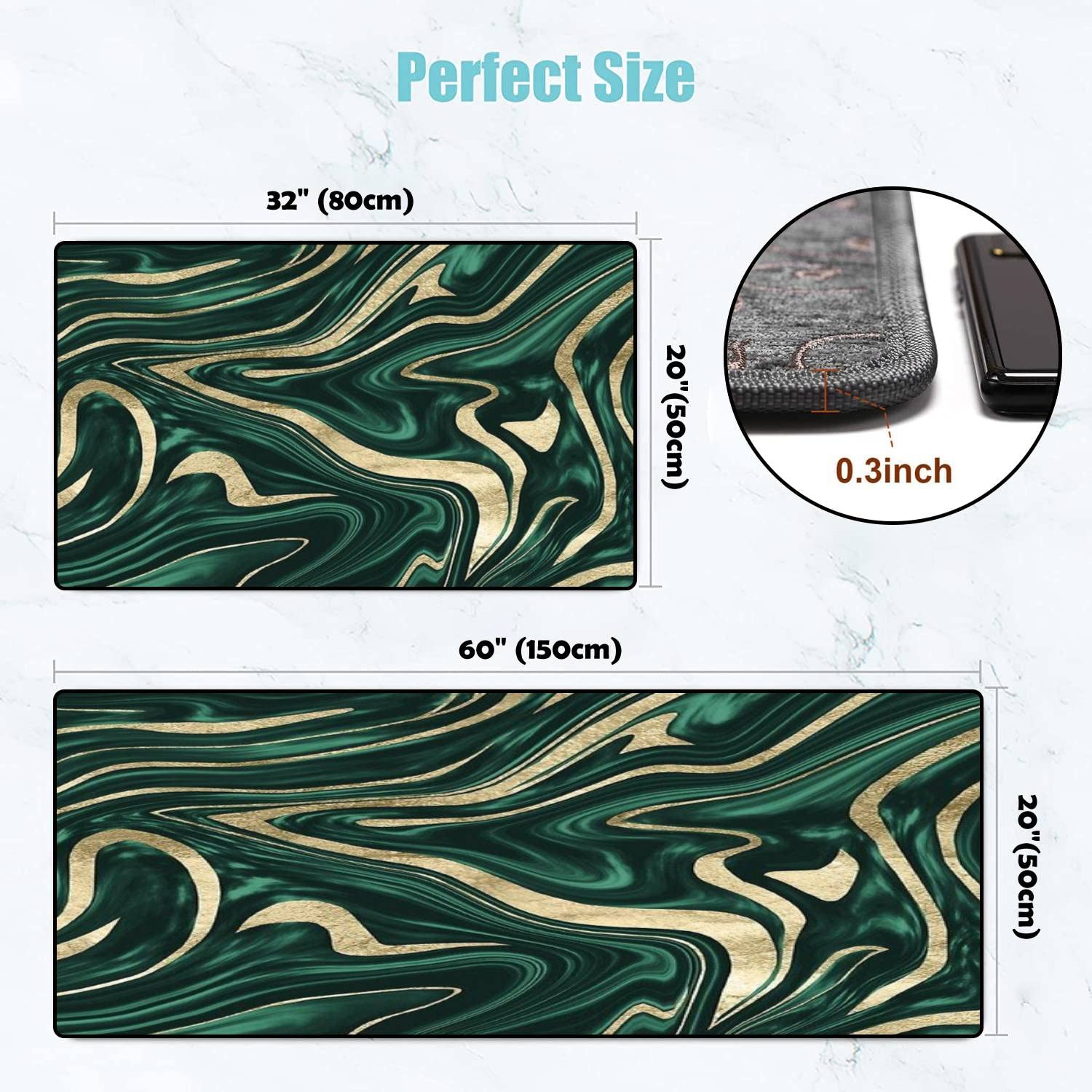 Emerald Green Black Gold Marble Kitchen Rugs Set - Non-Slip Washable Floor Mat, Runner & Doormat - Comfort Standing Mats for Kitchen, Bathroom Decor - Perfect for Home, Office & High-Traffic Areas