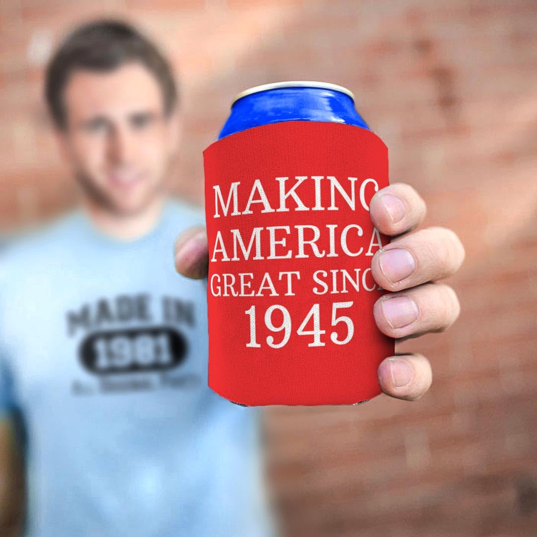 80th Birthday Party Supplies - 'Making America Great Since' Custom Printed Standard & Slim Can Coolers - Ideal for Milestone Celebrations, BBQs, and Outdoor Events