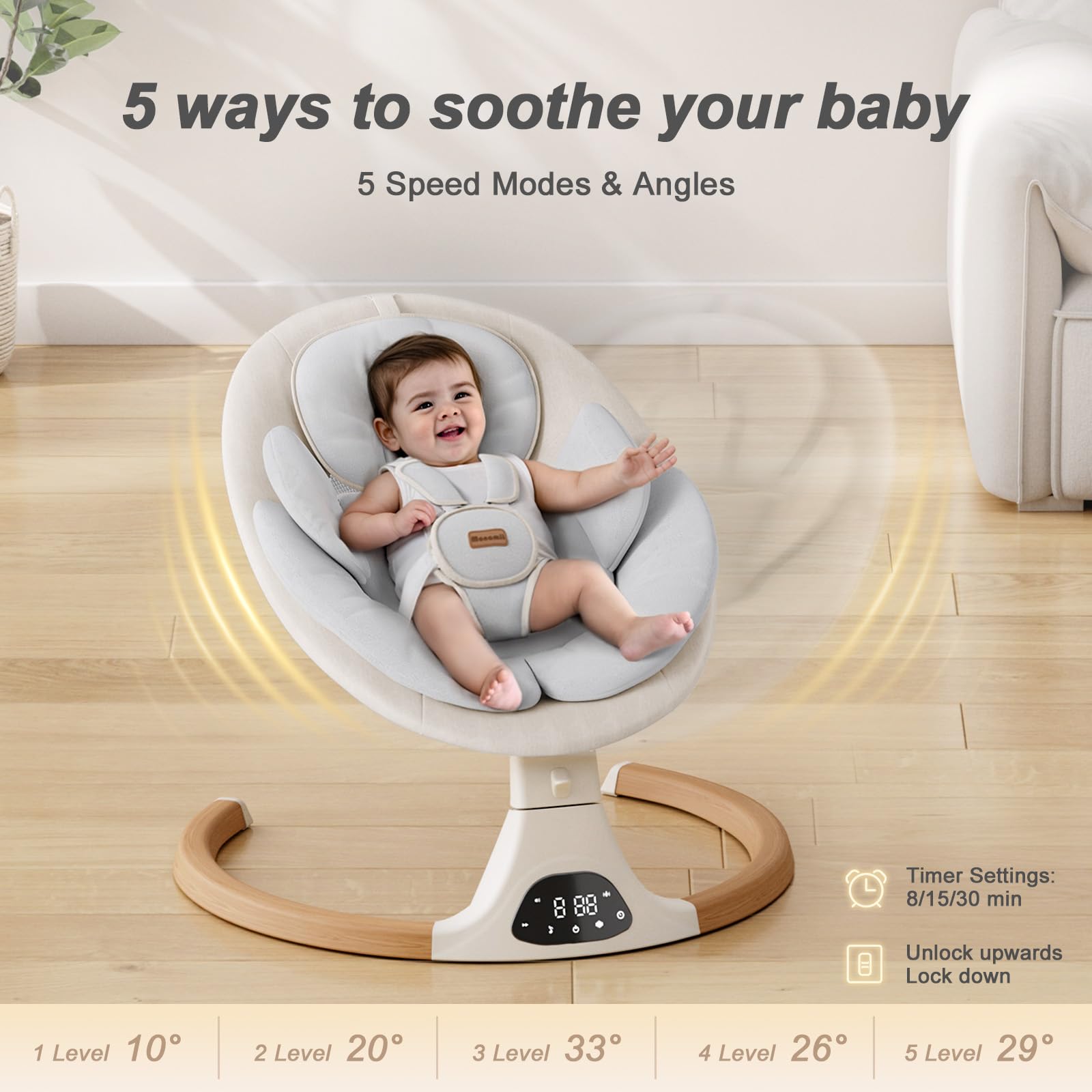 Monamii Bluetooth Baby Swing with Music Speaker - 5 Speed Adjustable, Remote Control, Portable Infant Swing for Indoor & Outdoor Use - Perfect for Newborns & Toddlers (Beige) - Ideal for Nursery, Travel & Playtime
