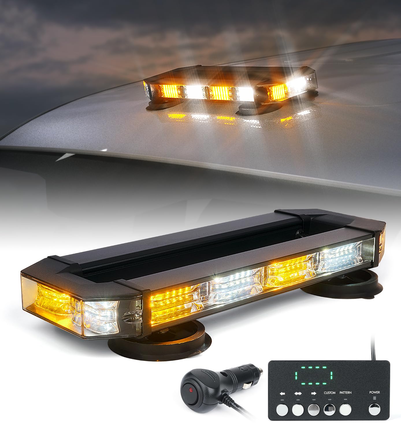 LUMENIX White & Amber LED Emergency Strobe Light Bar with Magnetic Base - Heavy Duty Warning Flashing Beacon for Trucks, Construction Vehicles, Snow Plows, Postal Carriers | Rooftop Traffic Safety & Security Lighting for Work Zones, Roadside Emergencies