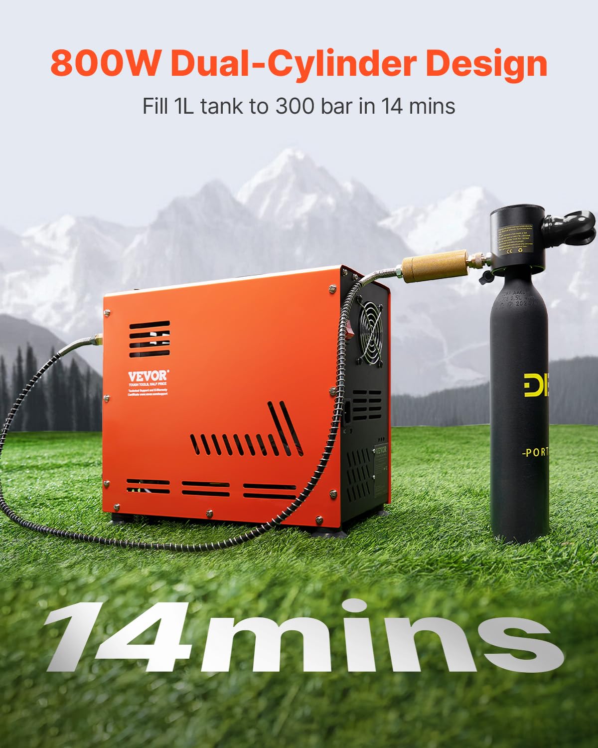 VEVOR 800W Dual-Cylinder PCP Air Compressor 4500PSI/30Mpa - Oil-Free Paintball Tank Pump with Auto-Stop & Built-in Cooling Fan - Perfect for Air Rifles, Scuba Diving Tanks & Paintball Guns | High-Pressure Airgun Charging Station for Outdoor Sports & Hunting