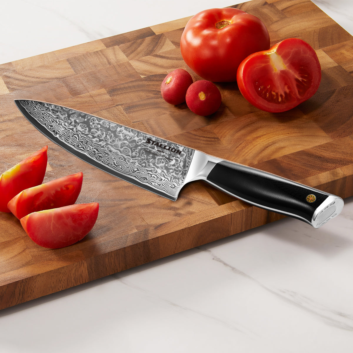 Premium Stallion Damascus Steel Chef's Knife 8 Inch - Professional Kitchen Knife for Cooking, Slicing & Dicing - Perfect for Home Chefs & Culinary Enthusiasts
