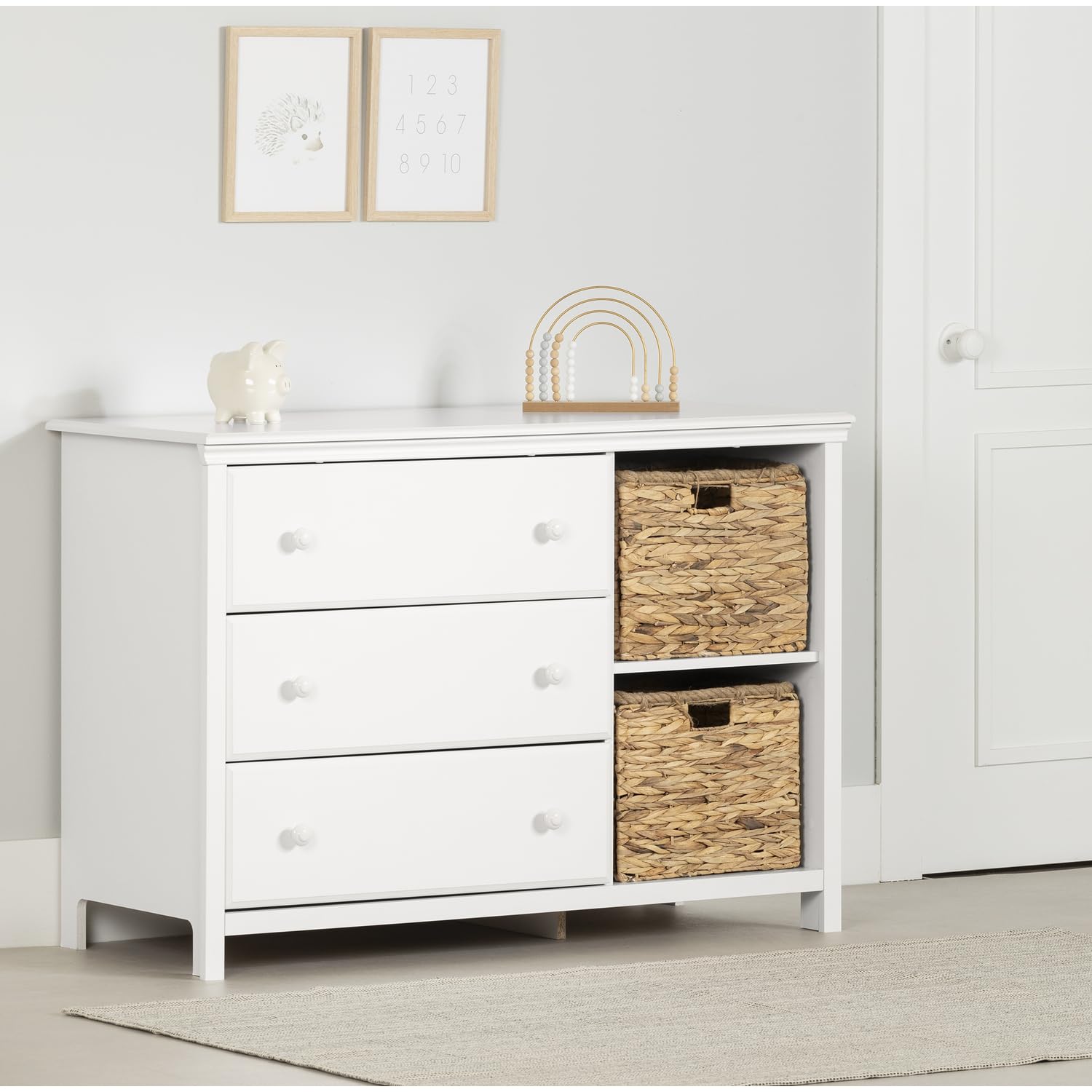 South Shore Cotton Candy 3-Drawer Dresser with Baskets, Pure White - Modern Kids Bedroom Storage Solution for Clothes, Toys & Accessories