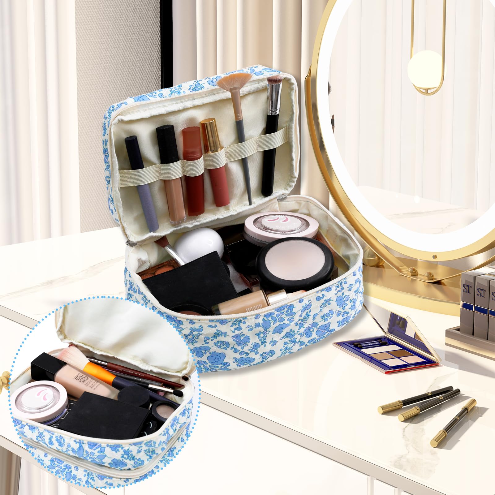 Coquette Double Layer Floral Makeup Bag with Compartments for Women | Travel Cosmetic Organizer | Perfect for Daily Use & Vacation Essentials