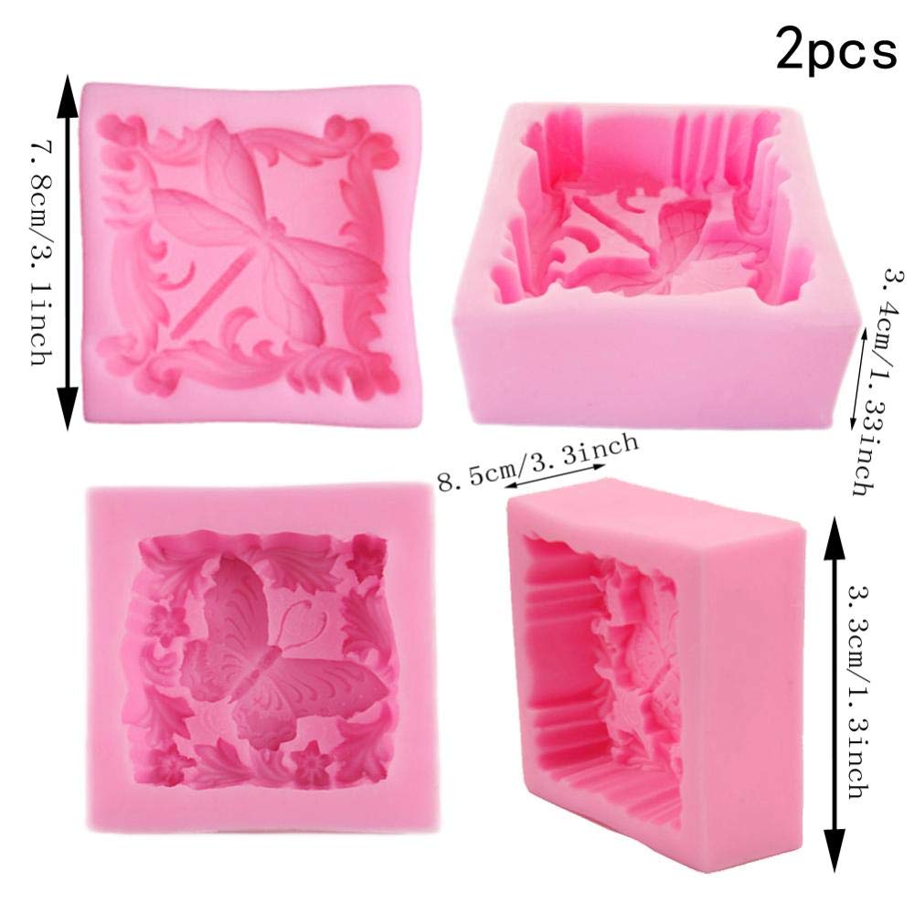 2 Pcs Dragonfly Butterfly Silicone Fondant Molds - Square Handmade Soap & Candle Molds for Mousse, Chocolate, Biscuit, Sugar Crafts - DIY Cake Decorating & Baking Supplies for Home Bakers & Party Desserts