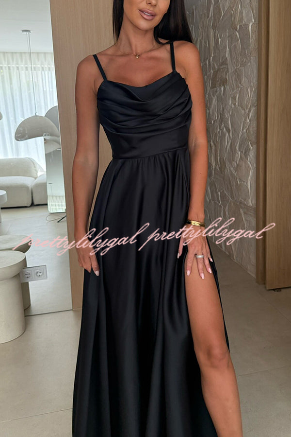 Elegant Solid Color Maxi Dress with Suspender Back, Pleated Detail & Side Slit - Perfect for Weddings, Parties & Evening Events
