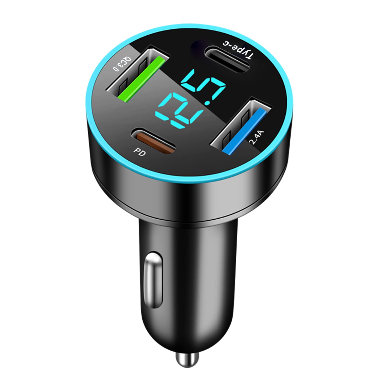 65W 4-Port USB Car Charger with PD & QC3.0 Fast Charging - LED Voltmeter Cigarette Lighter Adapter for iPhone, Samsung, iPad - Perfect for Road Trips & Multi-Device Charging