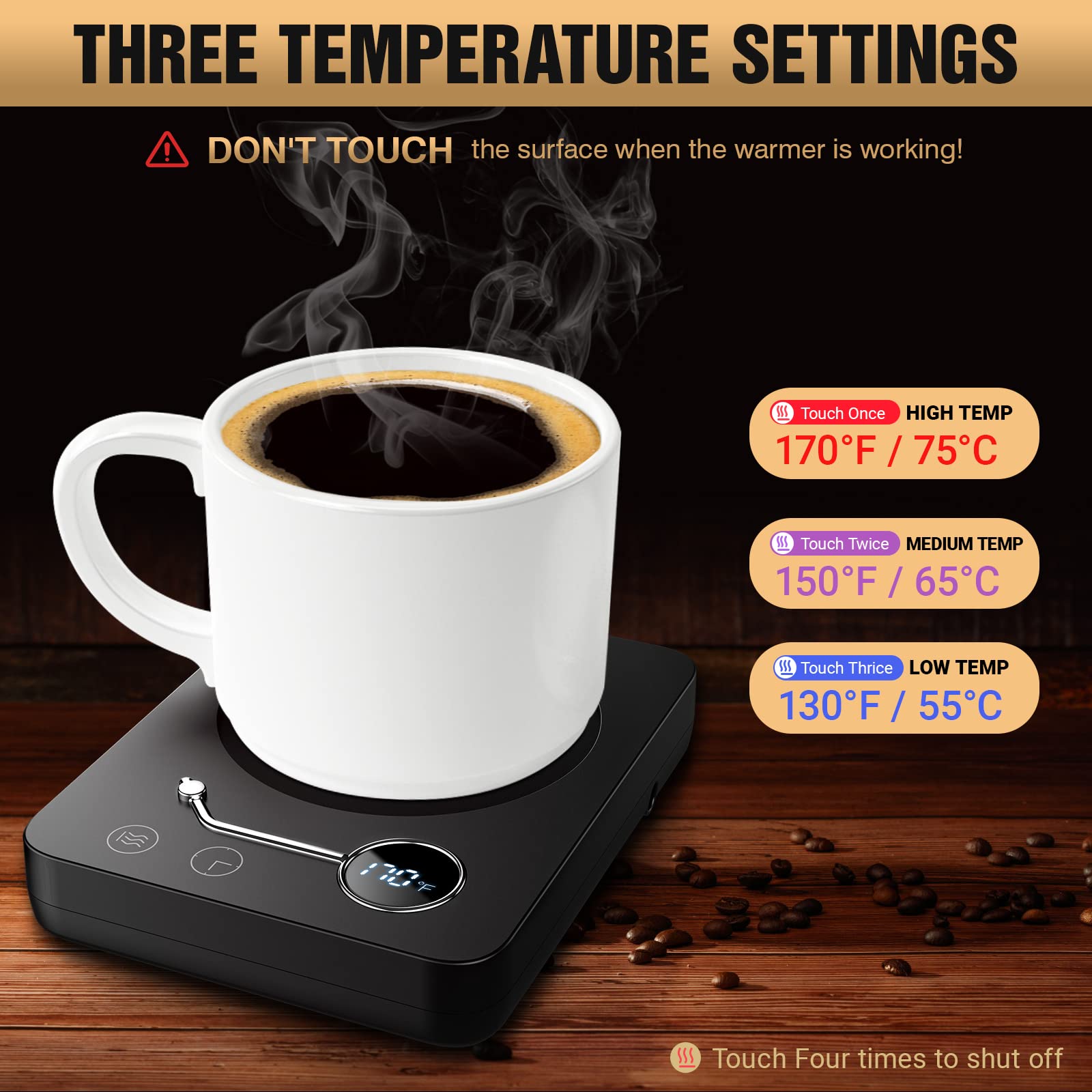 Smart Coffee Mug Warmer for Desk - 3 Temperature Settings (131-176℉), Touch Control, Timer & LED Display, Auto Shut Off, Gravity Sensor - Perfect for Heating Coffee, Tea, Milk & Beverages at Home or Office