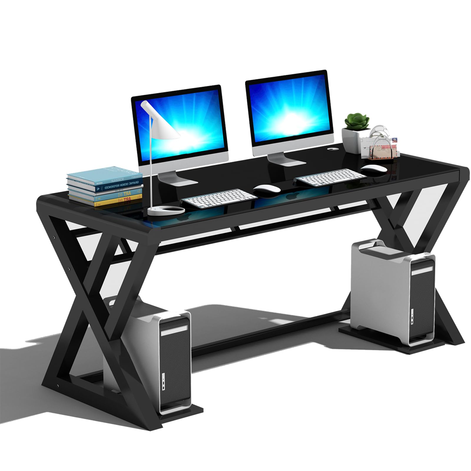 SAMERY 55.1 Inch Modern Black Glass Computer Desk - Home Office, Study, Gaming & Writing Table with Fashion Strength Tempered Glass for Laptop & Office Use