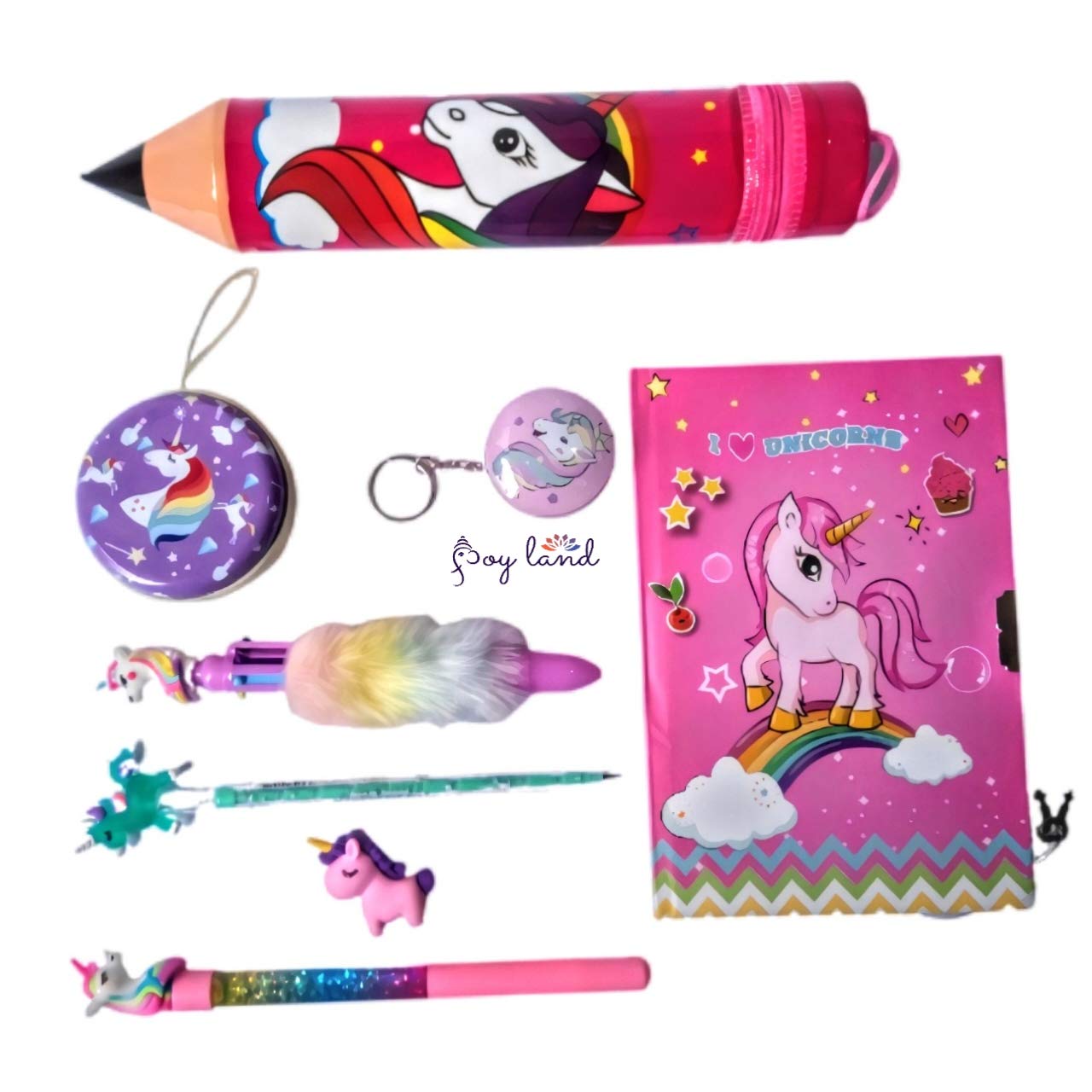 JOYLAND Unicorn Stationery Set of 8 - Unicorn Pen, Pencil Case, Locking Diary, Coin Ring, Pouch, Pencils & Eraser - Perfect for Girls' School Supplies, Birthday Gifts & Kawaii Collections