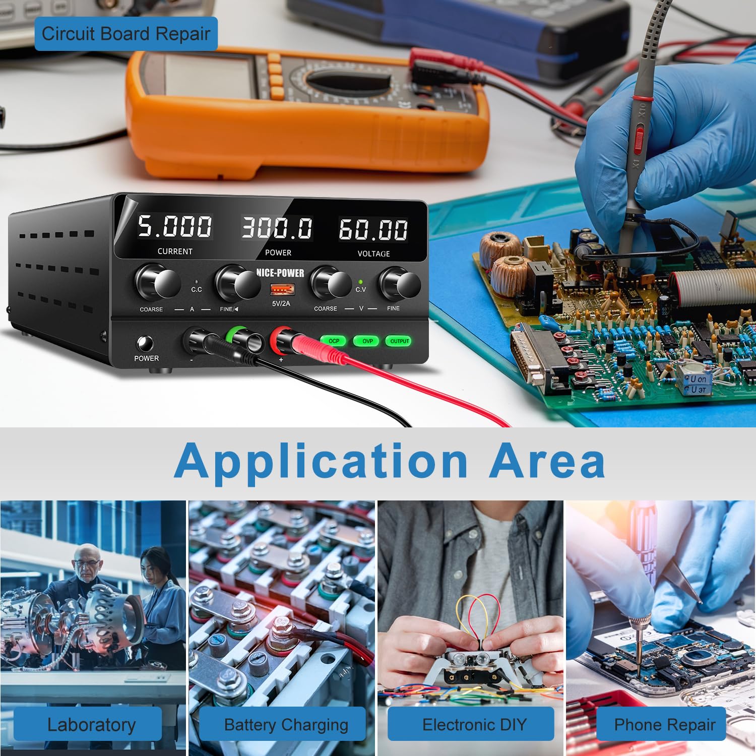 Adjustable DC Power Supply 60V 5A 300W with LED Display & USB Port - High Precision Variable Switching Regulated Bench Lab Power Supply for Electronics Testing, DIY Projects, and Circuit Prototyping