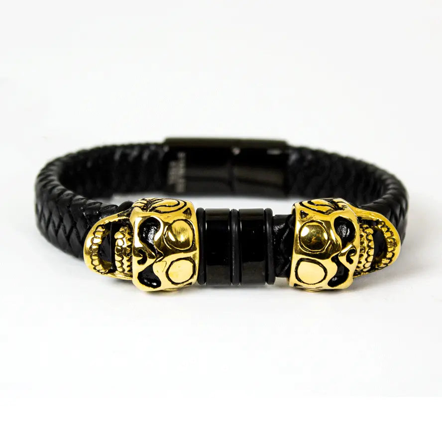BOL Men's Braided Leather Skull Charm Bracelet - Gothic Punk Style Adjustable Wristband for Men - Perfect for Casual Wear, Parties, and Gifts