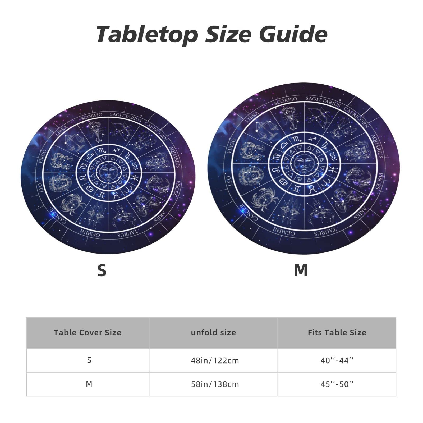 Galaxy Tarot Horoscope Wheel Tablecloth - Zodiac Round Elastic Edge Fitted Table Cover for 40