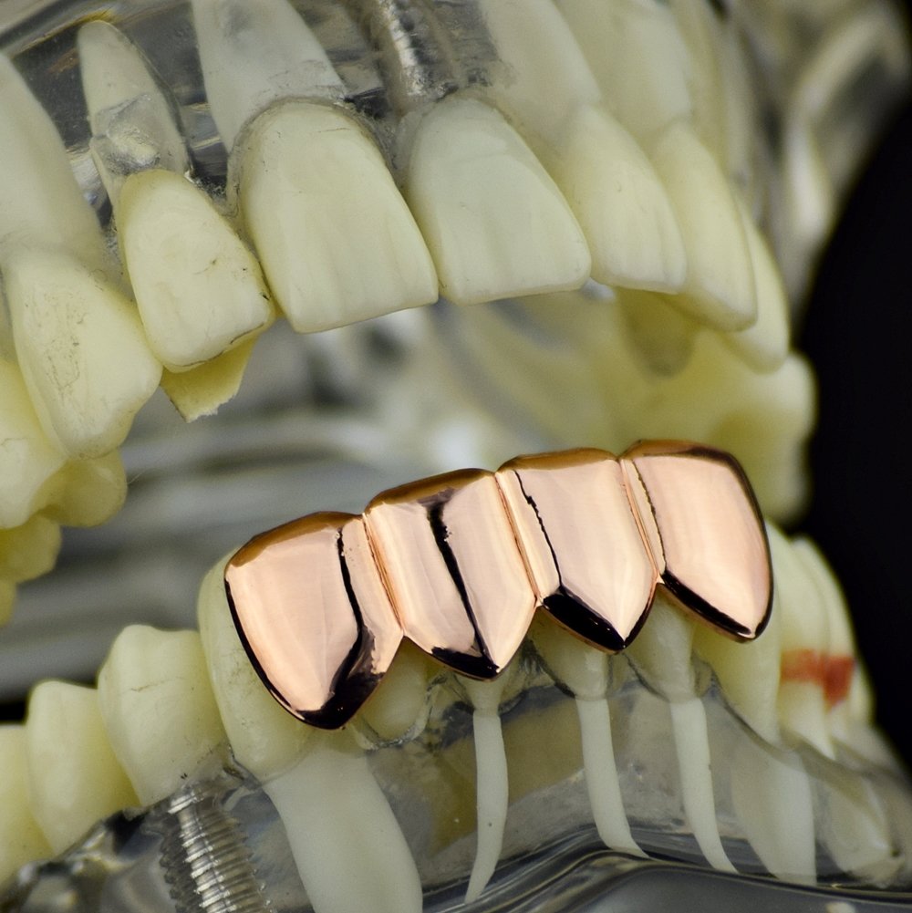 14K Rose Gold Plated Hip Hop Grillz - 4 Tooth Lower Quad Teeth Grills for Men & Women - Perfect for Rap Performances, Music Videos, and Streetwear Fashion