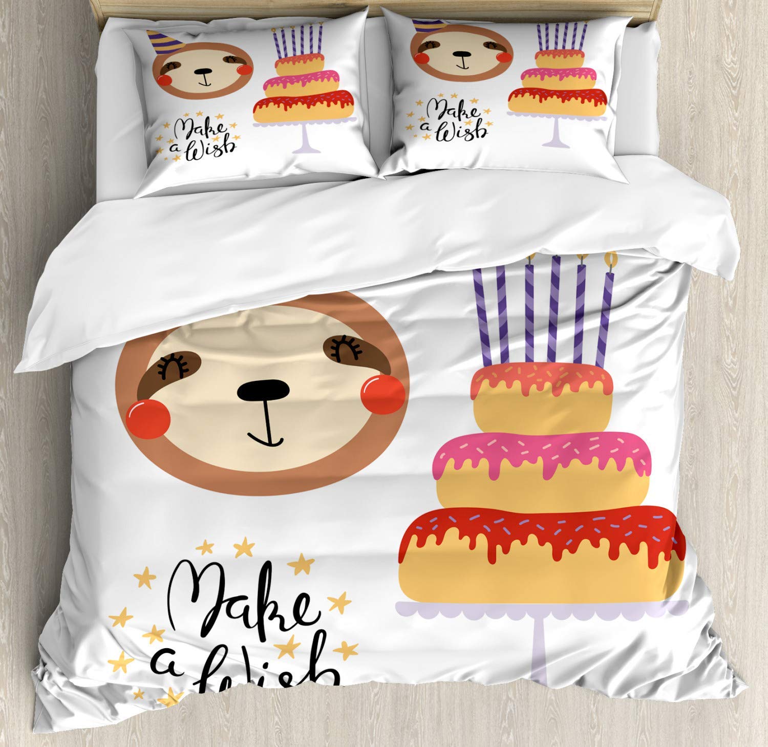 3 Piece Comforter Set King Size - All Season Soft Duvet Cover & Pillow Shams - Machine Washable Bedding Set with Cute Sloth & Donut Cake Design - Perfect for Birthday Party Decorations, Bedroom Makeover & Cozy Sleep