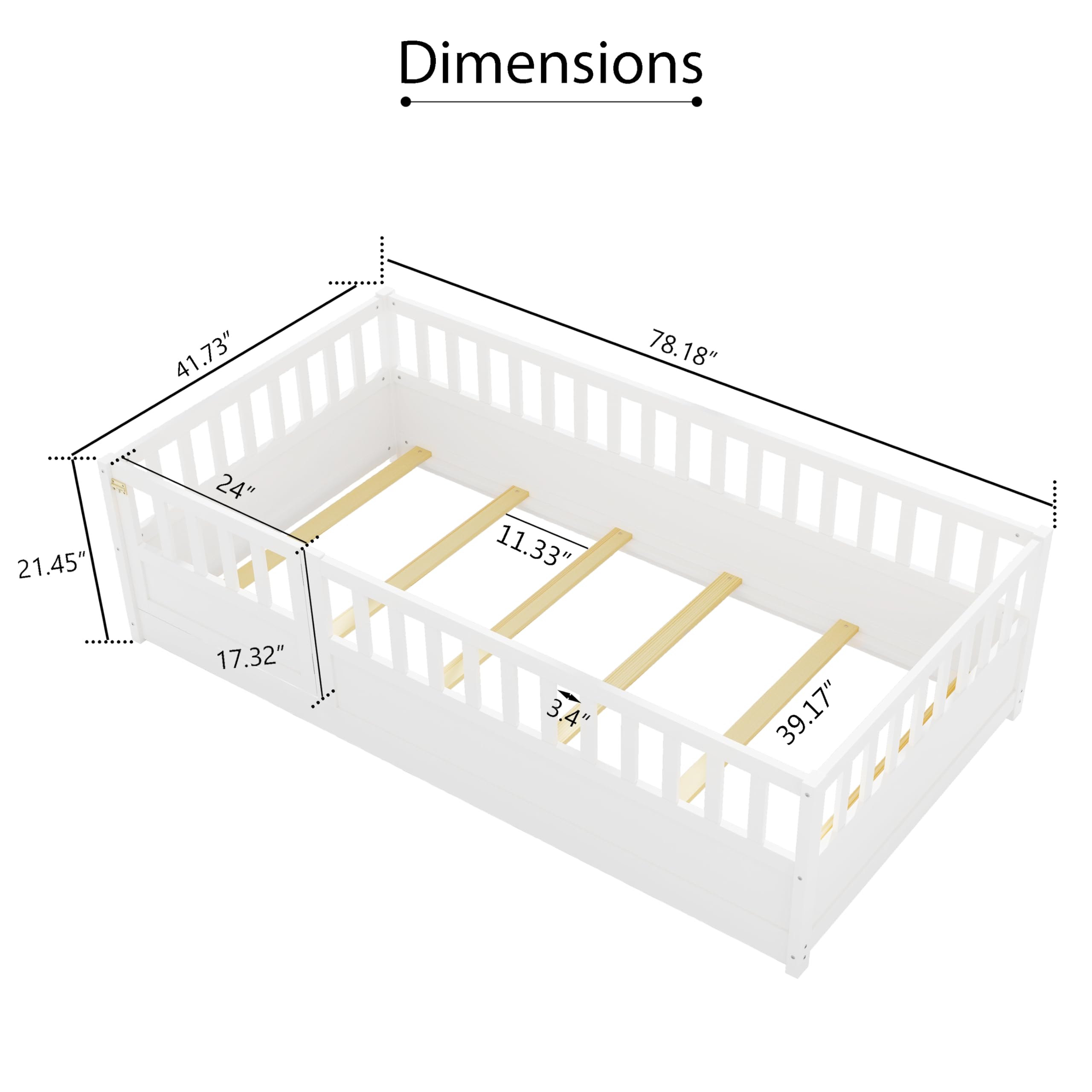 Montessori Twin Floor Bed with High Safety Rails & Door Design - Solid Wood Kids Bed Frame with Slats for Boys & Girls - White - Perfect for Toddler Rooms & Montessori Bedrooms