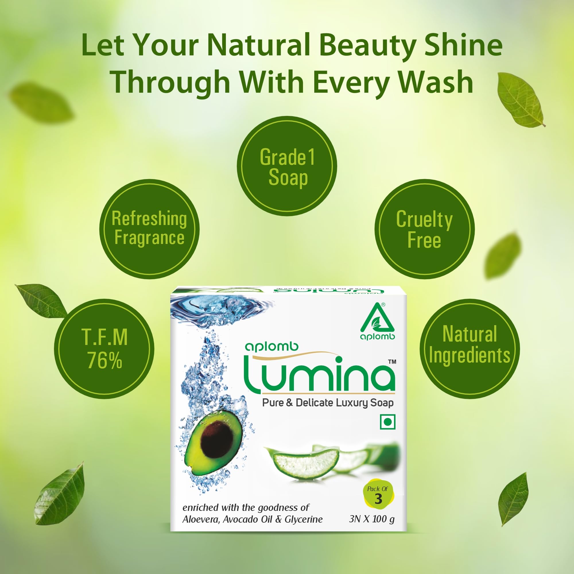 APLOMB Lumina Pure & Delicate Aloe Vera Bathing Soap with Avocado Extract | Luxury Moisturizing Soap for Soft, Smooth & Glowing Skin | Perfect for Dry Skin Care & Spa Relaxation at Home