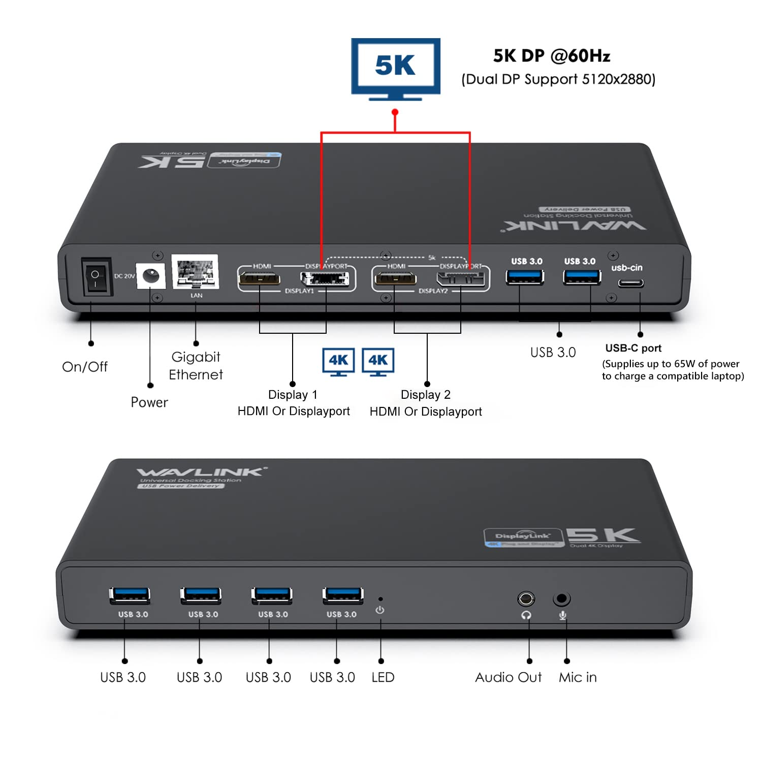 WAVLINK USB 3.0 Universal Laptop Docking Station with 65W Power Delivery - Dual Monitor Support (5K/4K) via 2 HDMI & 2 DisplayPort - Gigabit Ethernet, 6 USB 3.0 Ports, Audio/Mic - Compatible with Windows & Mac OS - Perfect for Home Office, Remote Work & Multi-Tasking Professionals