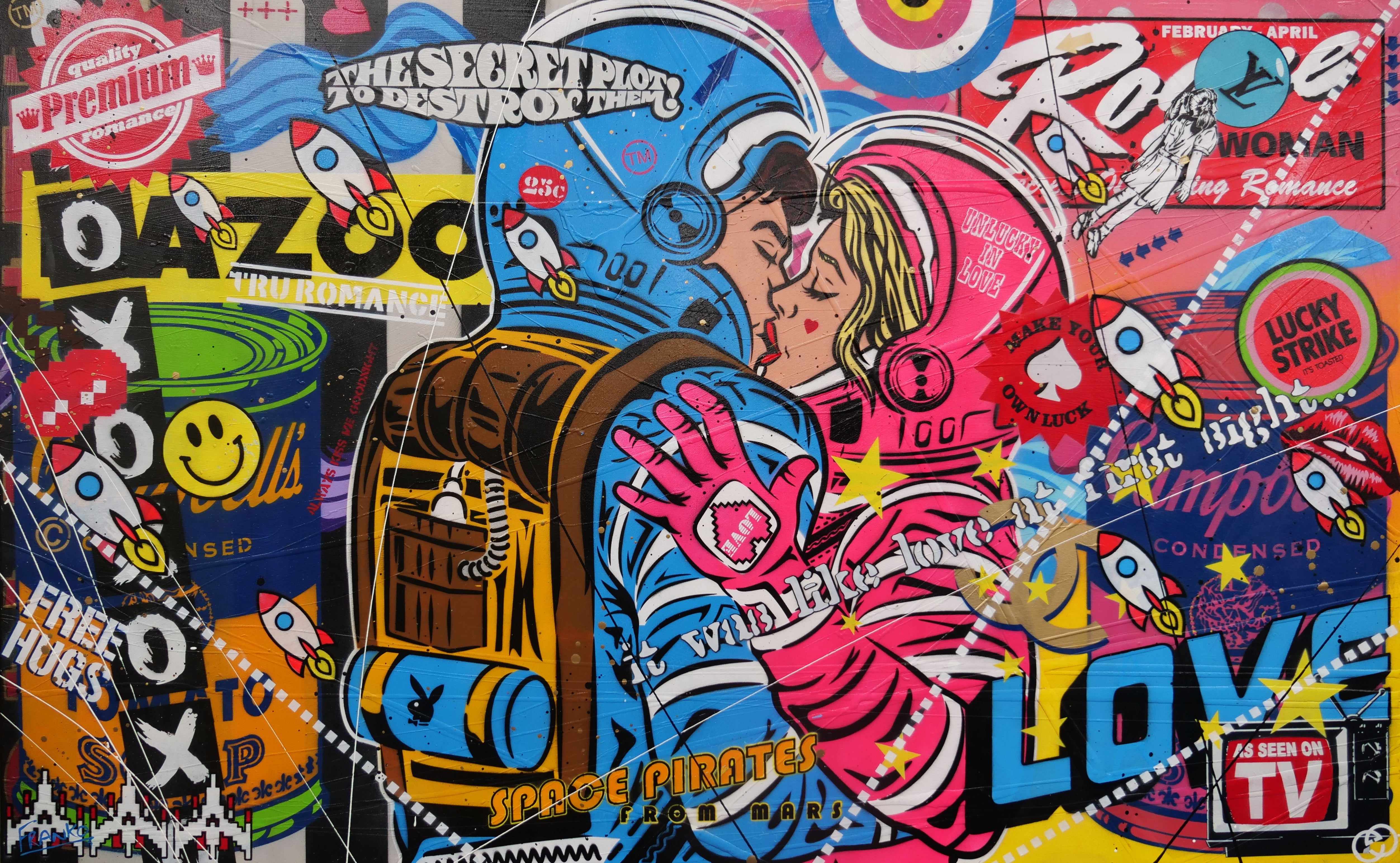 Rogue Love 160cm x 100cm Space Cadets Kissing Textured Urban Pop Art Canvas - Modern Wall Decor for Living Room, Bedroom & Office