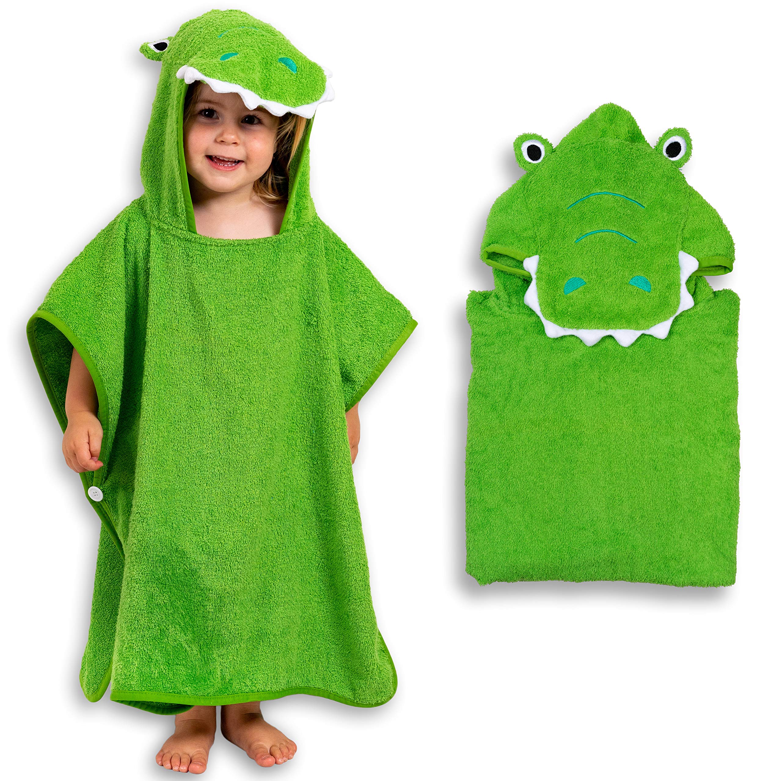 Premium Soft 100% Cotton Hooded Towel Poncho for Kids & Toddlers - Green Croc, Perfect for Bath, Beach, Pool, and Post-Swim Comfort