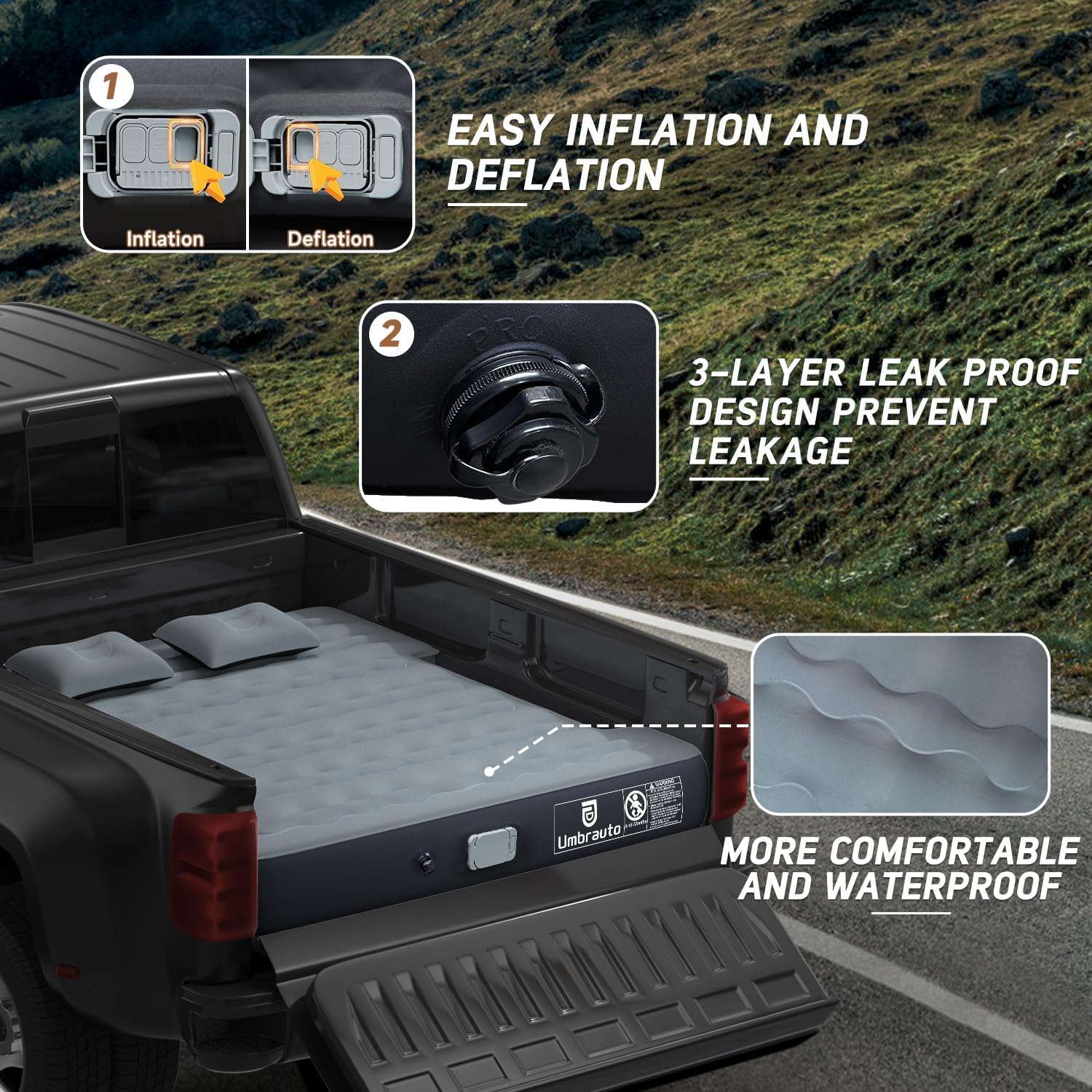 Umbrauto Truck Bed Air Mattress for 6-6.5ft Full Size Short Beds - Rechargeable Built-in Air Pump - Inflatable Pickup Truck Mattress for Camping & Road Trips