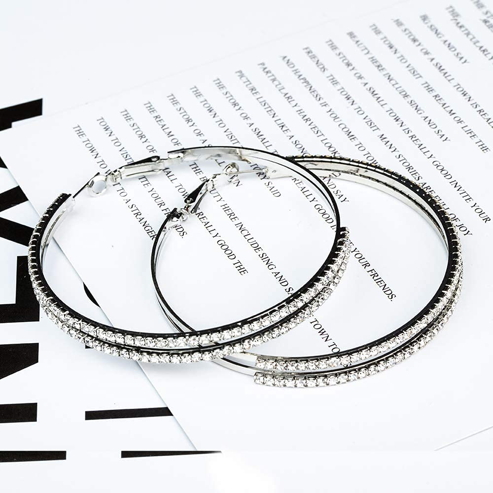 Extra Large Rhinestone Hoop Earrings for Women - 2.67 Inch (70mm) Double Oversized Crystal Lightweight Dangle Earrings | Perfect for Parties, Weddings & Evening Events
