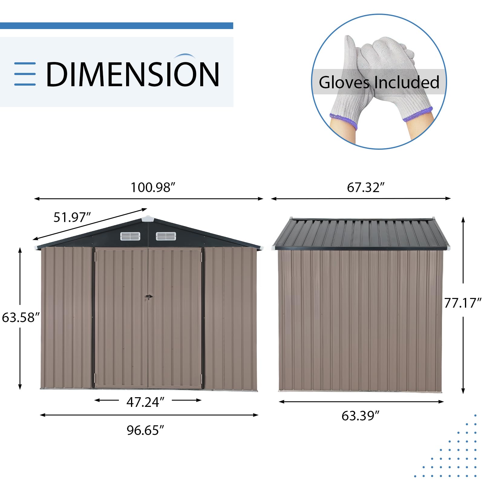 Verano Garden 8'x6' Galvanized Steel Outdoor Storage Shed - Double Lockable Doors for Bike, Lawn & Patio Storage | Weather-Resistant Metal Garden Shed (96.65