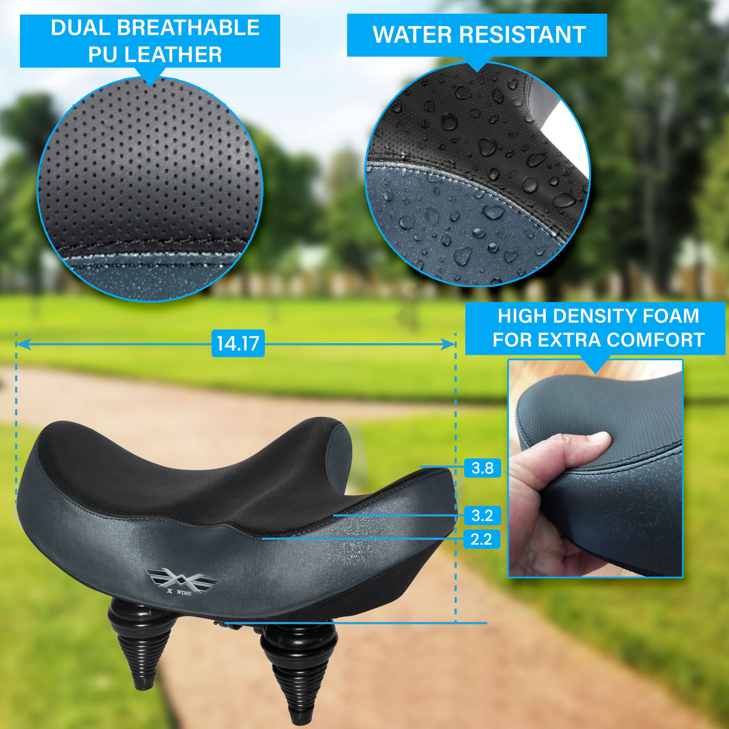 X WING Comfortable Noseless Bike Seat Cushion for Men & Women - Wide Winged Design with Extra Padding - Perfect for Peloton, Electric, Stationary & City Bikes - Ideal for Long Rides, Indoor Cycling & Commuting