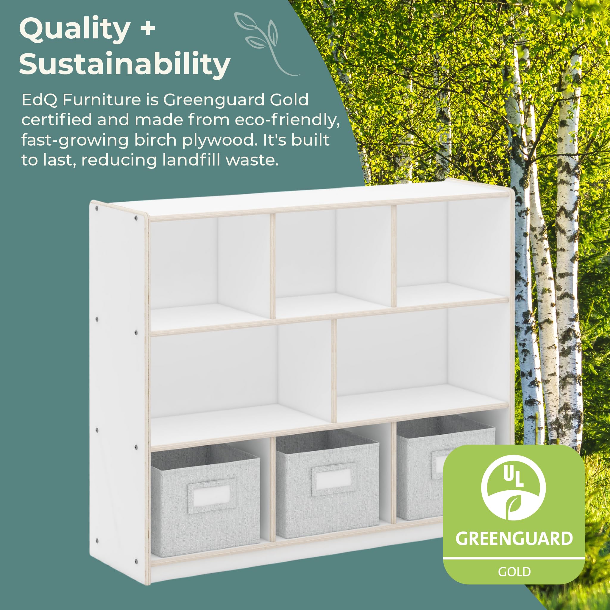 Guidecraft EdQ 3-Shelf Wooden Storage Unit with Fabric Bins - Kids Bookshelf & Toy Organizer for Bedroom, Homeschool & Classroom - White Nursery Furniture for Toys, Books & School Supplies Storage
