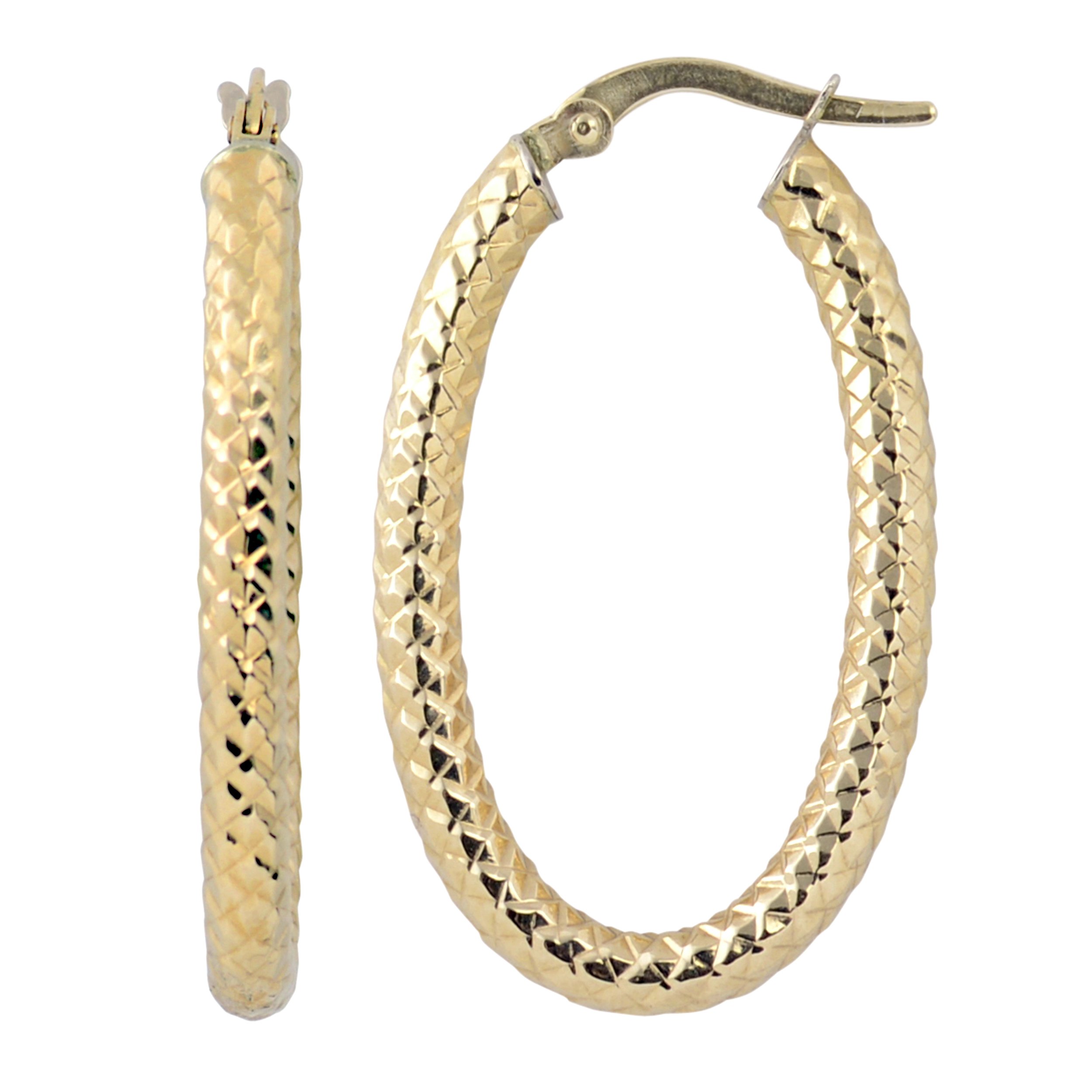 14K Gold 3mm Diamond-Cut Oval Hoop Earrings for Women - Yellow Gold & White Gold Options | Elegant Everyday & Party Jewelry Gift