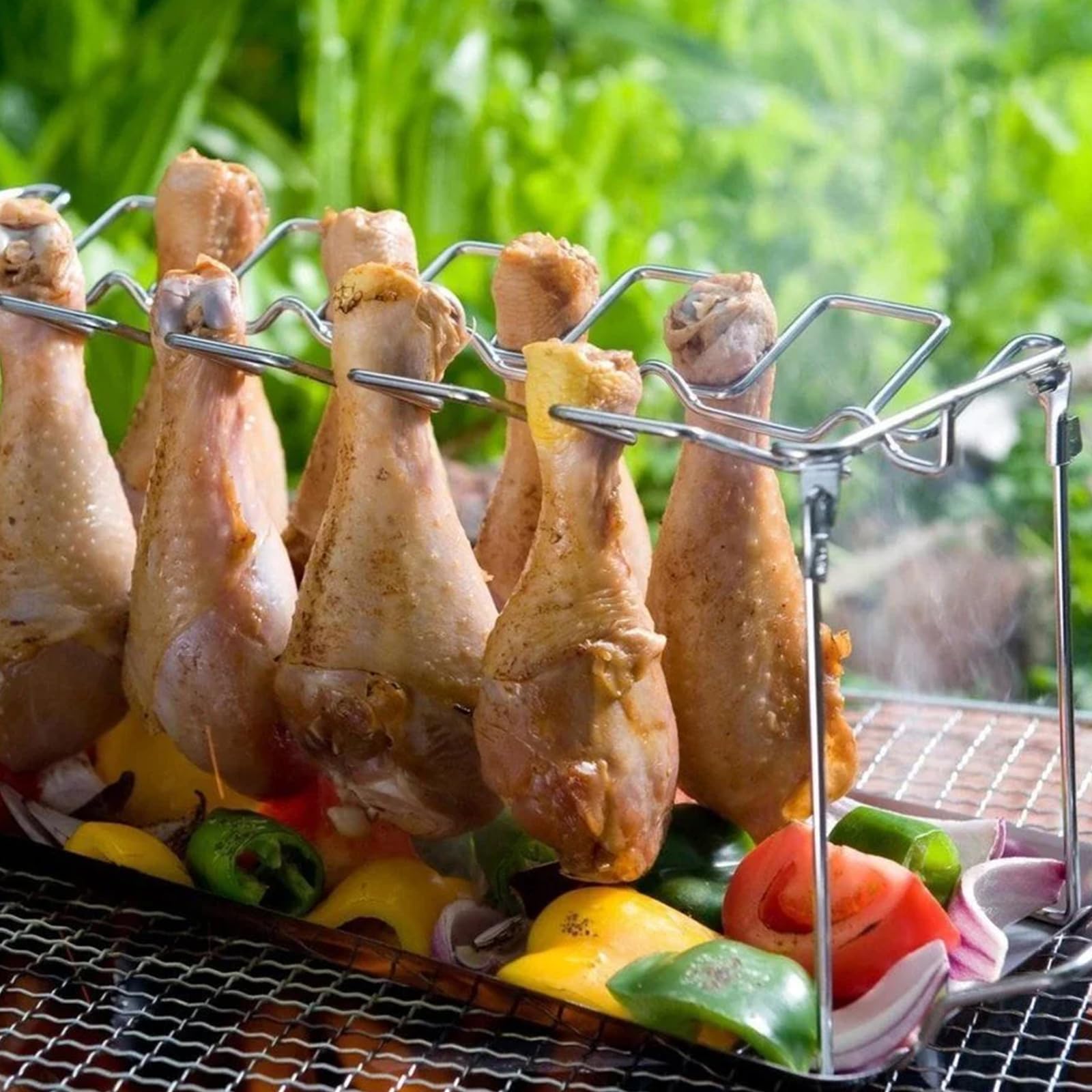 Stainless Steel Chicken Wing & Leg Rack - Holds 12 Drumsticks or Wings - BBQ Roaster Stand with Drip Tray for Kamado Joe, Big Green Egg, Smoker Grill & Oven - Perfect for Backyard BBQs, Tailgating & Outdoor Cooking