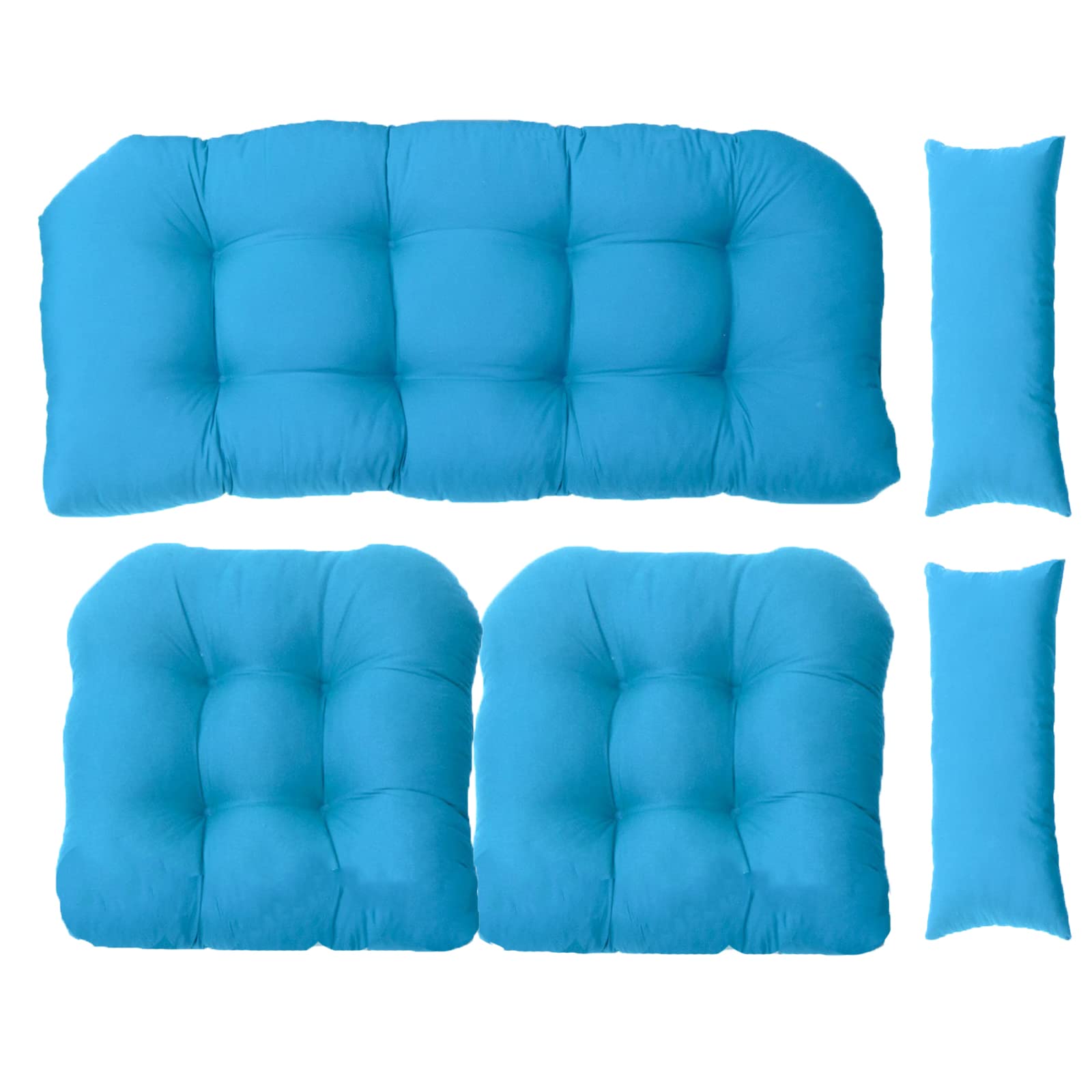 5-Piece All-Weather Outdoor Patio Furniture Cushion Set - 1 Loveseat, 2 U-Shaped & 2 Lumbar Pillows - Waterproof Wicker Settee Cushions for Garden, Deck, Poolside - Blue