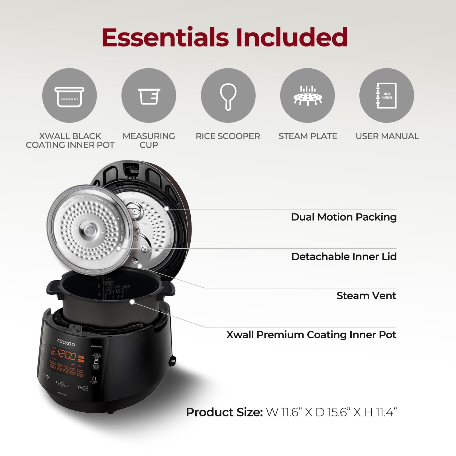 CUCKOO CRP-PK1001S 10-Cup Uncooked / 20-Cup Cooked Smart Pressure Rice Cooker with Nonstick Inner Pot - 13 Menu Options, Fuzzy Logic Technology, Auto Clean Function - Perfect for Home, Office & Dorm Use (Black)