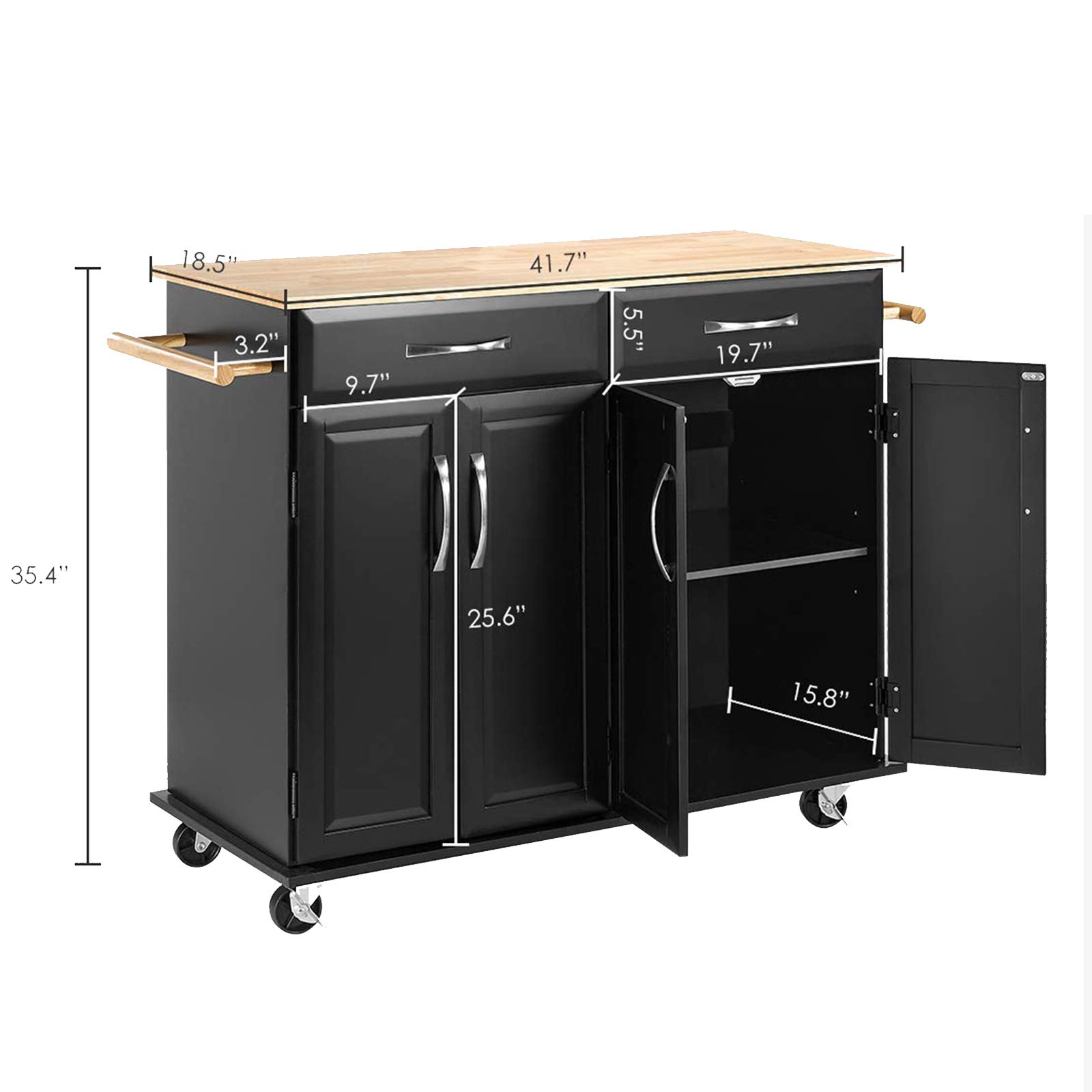 QCen Mobile Kitchen Island Cart with Large Storage Cabinet, Adjustable Shelves & Drawers - Rolling Serving Cart with Durable Rubber Wood Top, Easy Assembly, Black - Perfect for Small Kitchens, Dining Room Storage & Buffet Serving