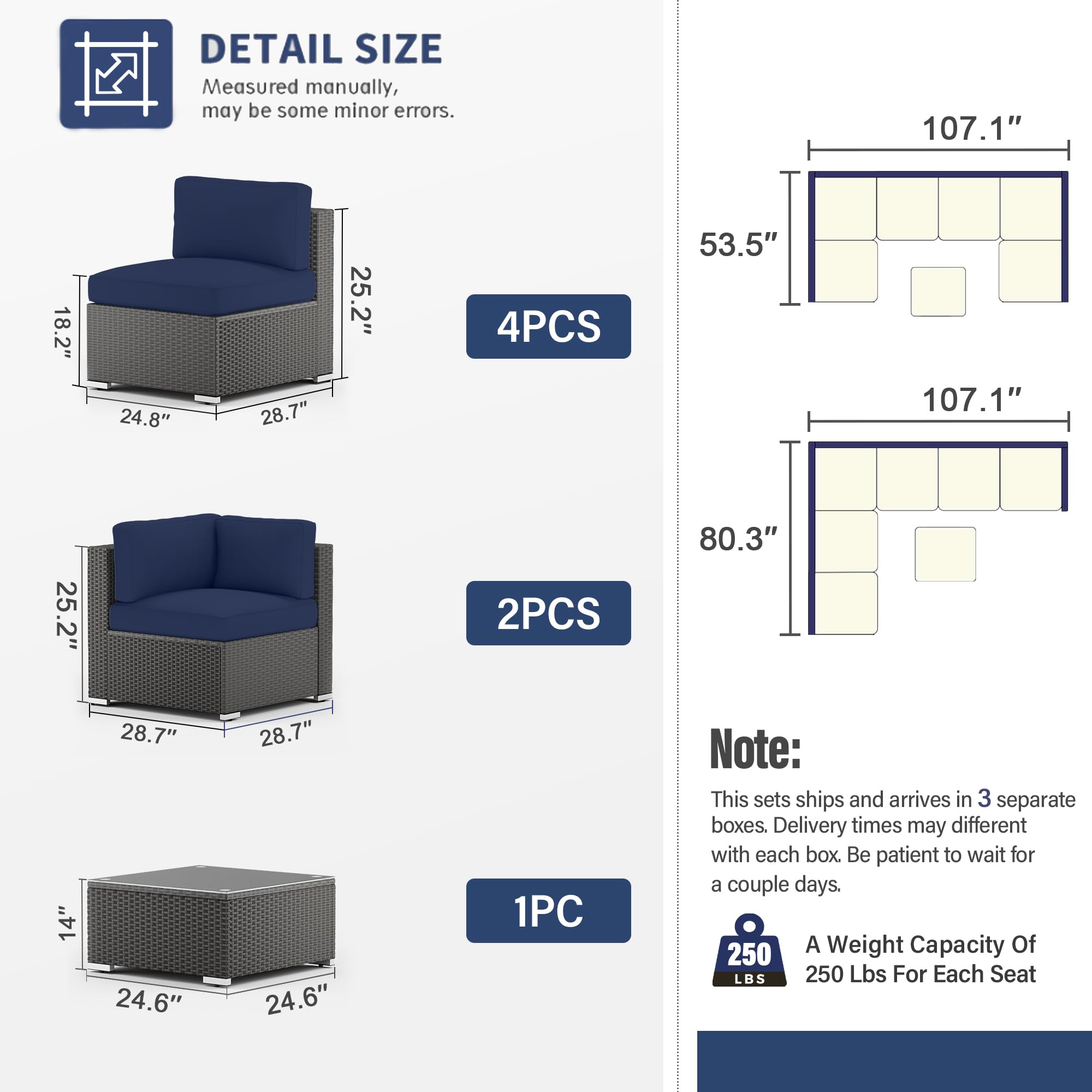 SOLAURA 7-Piece Outdoor Patio Furniture Set - Black/Brown Wicker Rattan Sectional Sofa with Coffee Table, Navy Blue Cushions - Perfect for Backyard, Poolside & Garden Relaxation