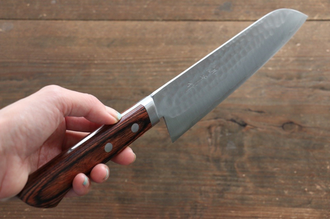 Premium Kunihira Tanzo VG1 Hammered Santoku Knife 170mm - Japanese Chef Knife with Mahogany Handle - Perfect for Slicing, Dicing & Chopping Vegetables, Meat & Fish
